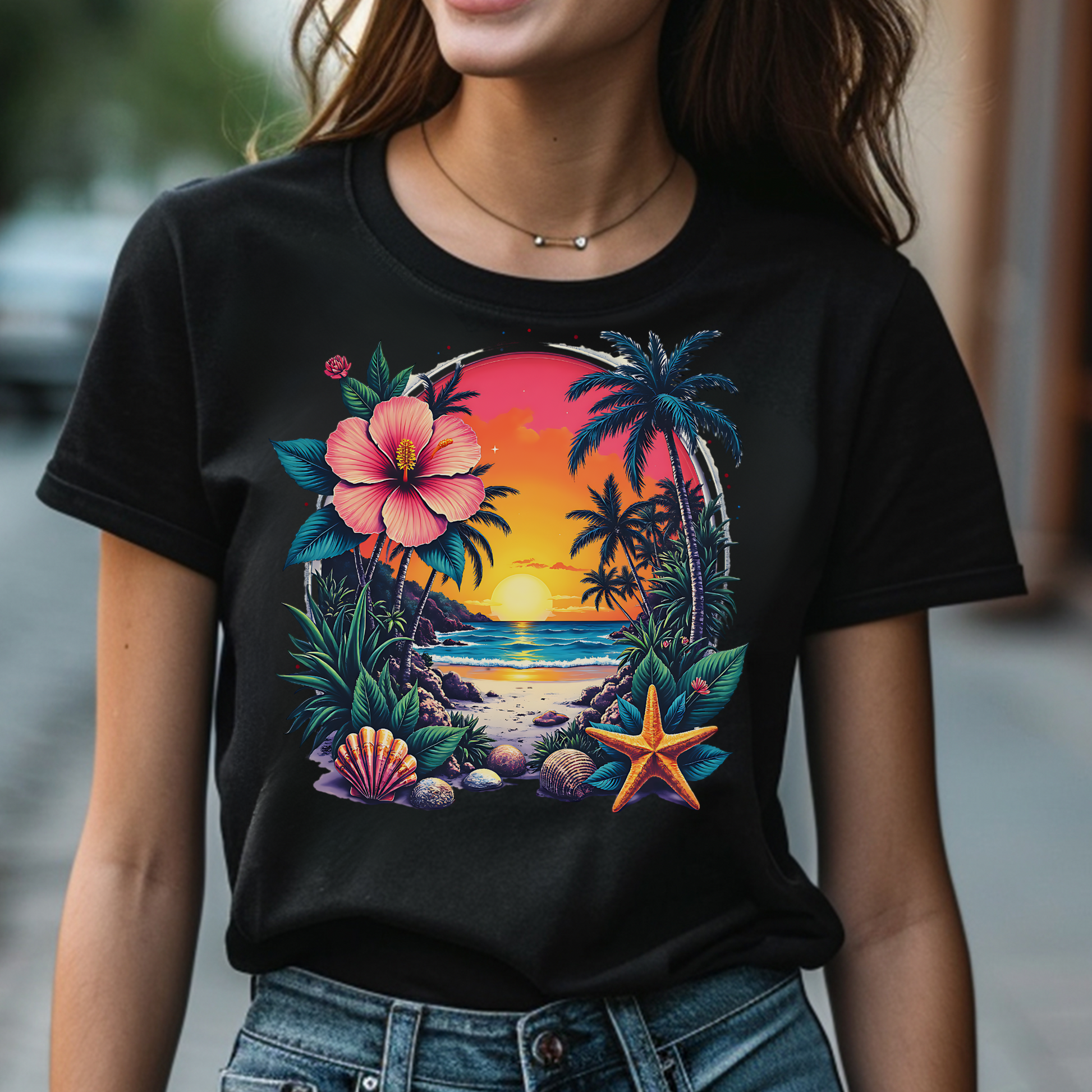 Summer Beach Scene PNG digital design on a woman's black t-shirt