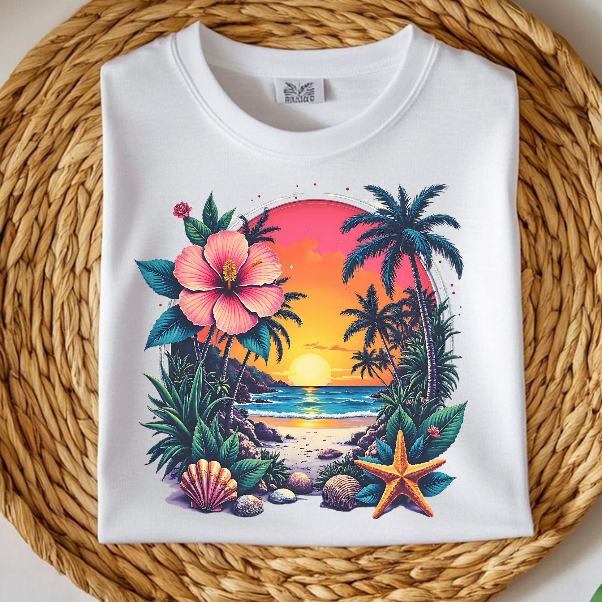 Summer Beach Scene PNG digital design on a folded white t-shirt