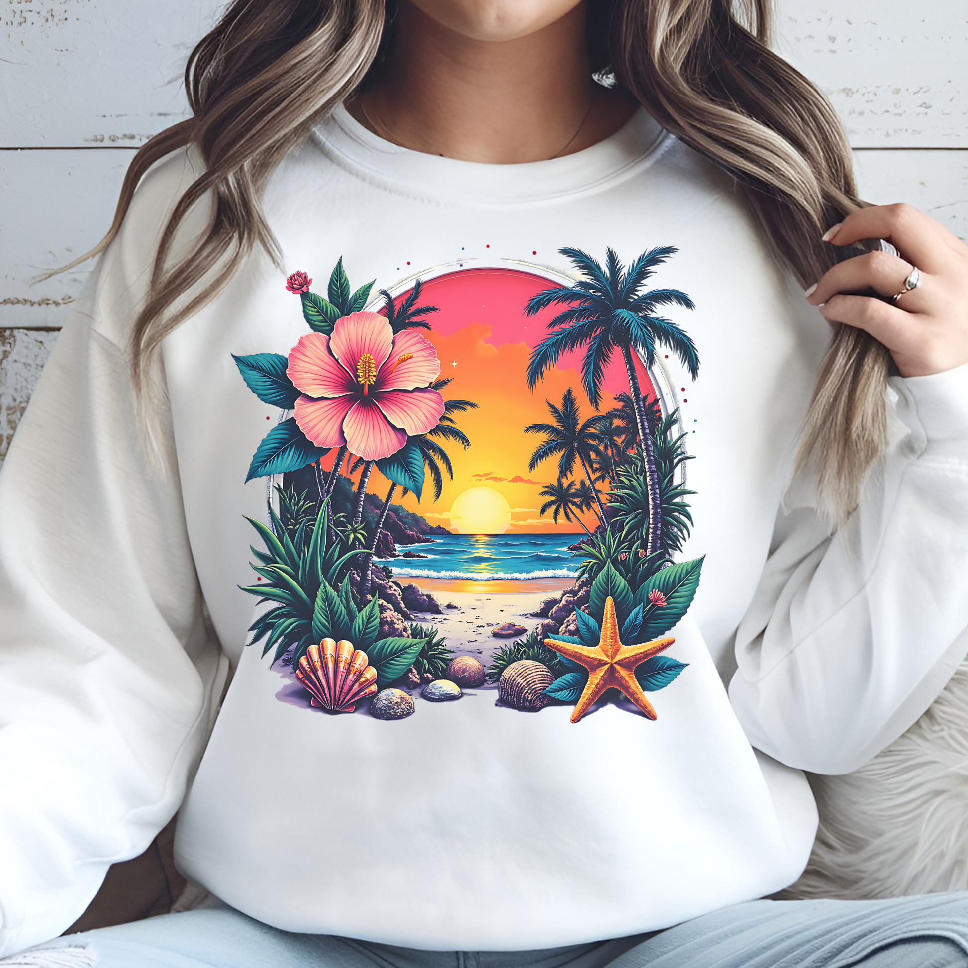 Summer Beach Scene PNG digital design on a woman's white sweatshirt