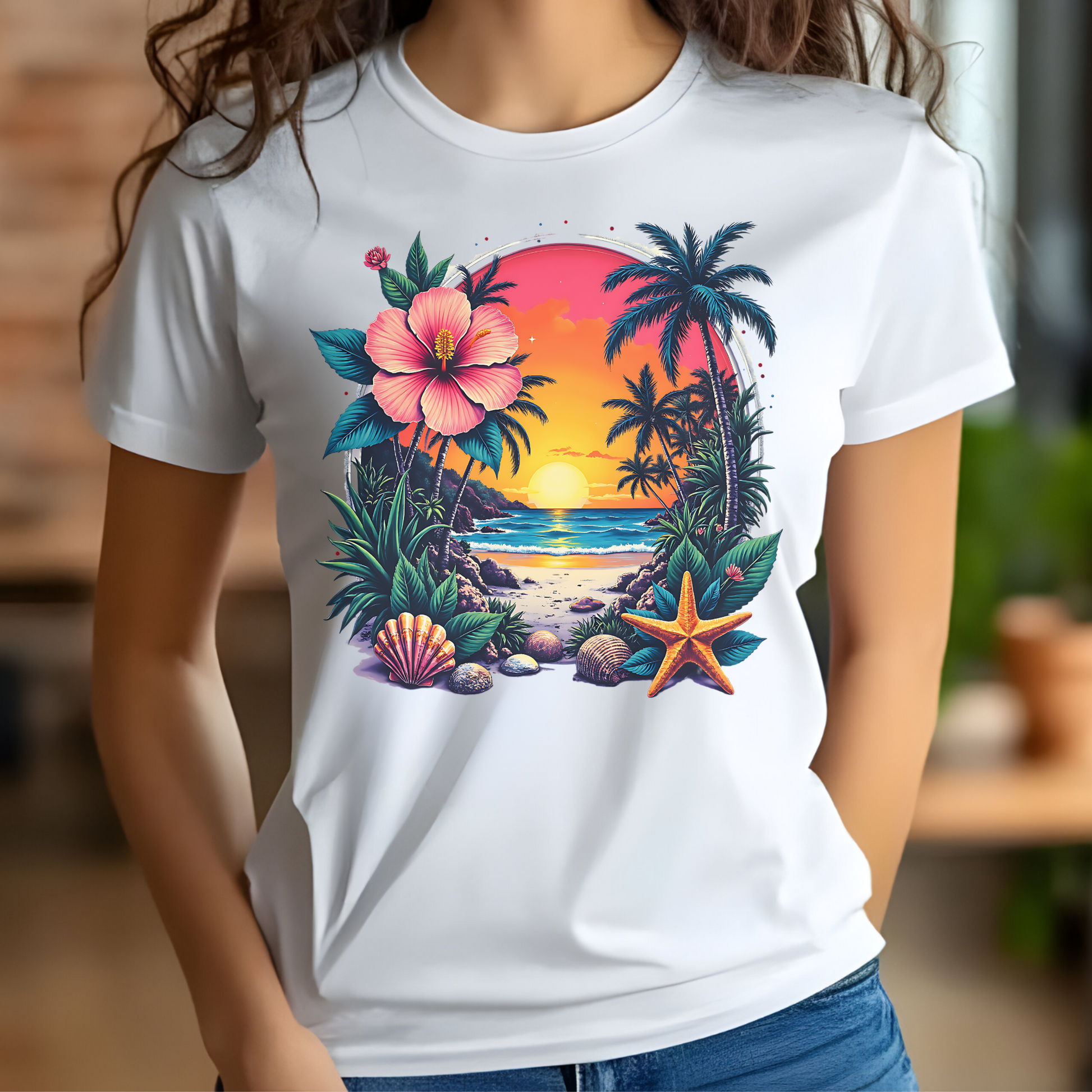 Summer Beach Scene PNG digital design on a woman's white t-shirt