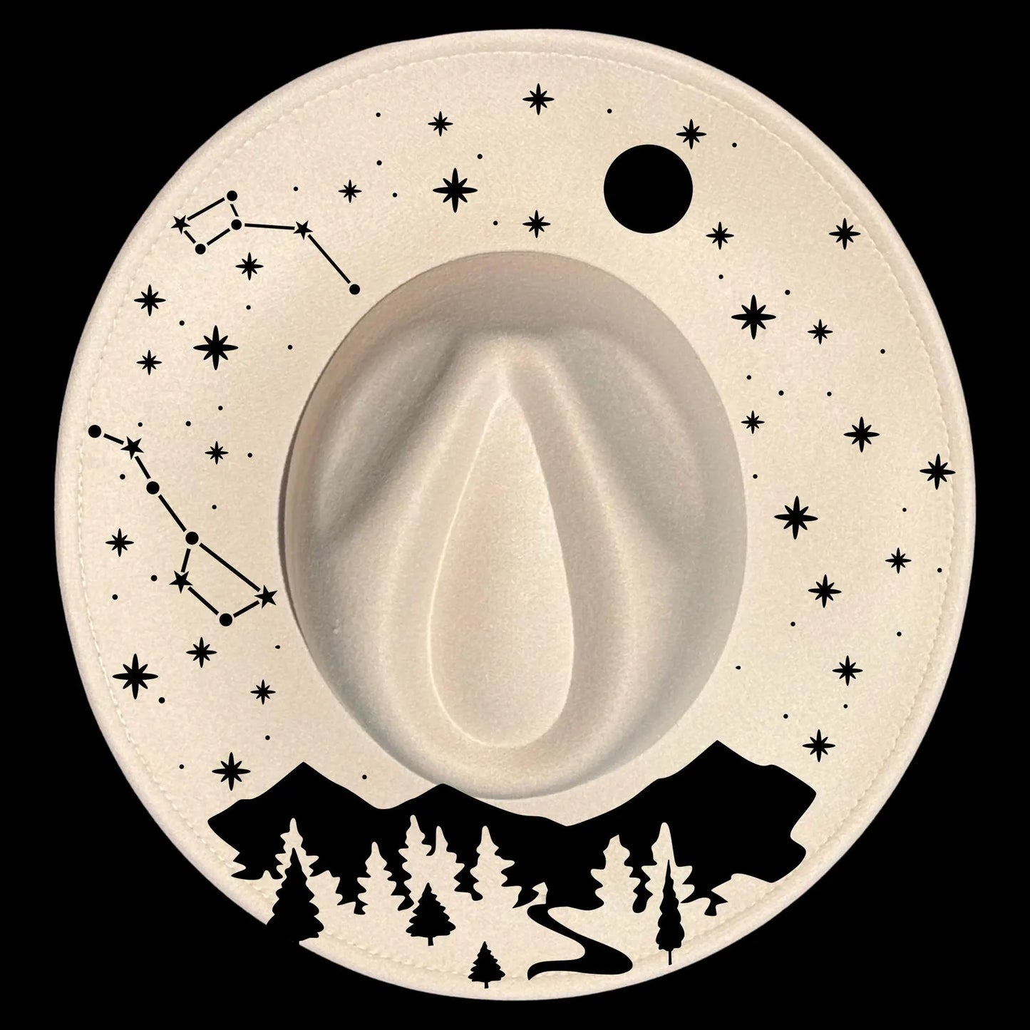 Wide brim hat with moon, stars, trees, and mountains hat burning design on a black background