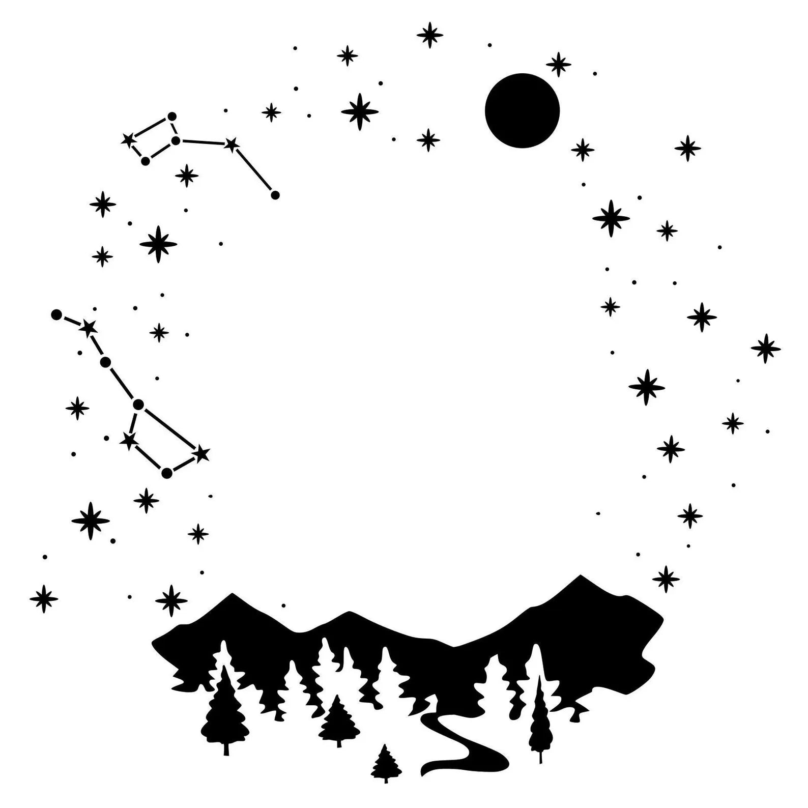Star constellation hat burning design with mountains and trees below