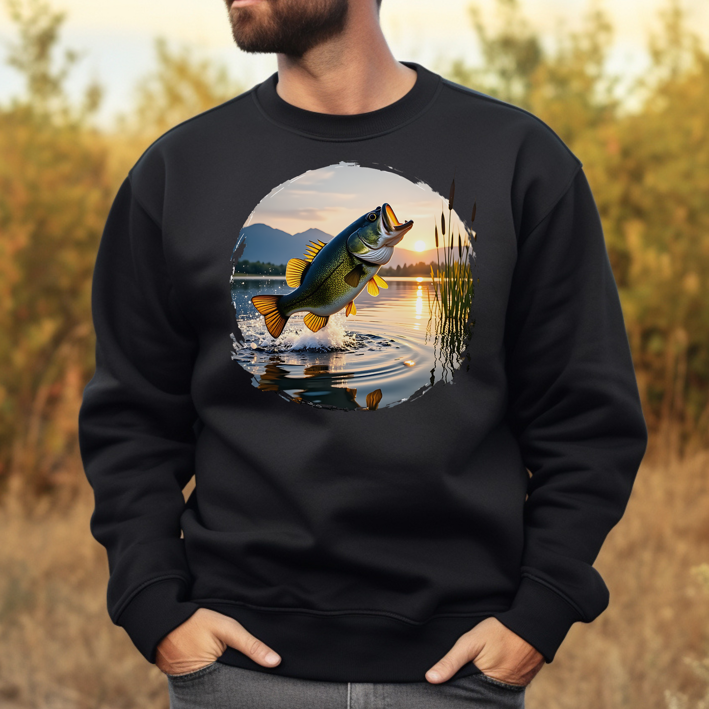 Big Mouth Large Bass PNG digital design on a man's black sweatshirt