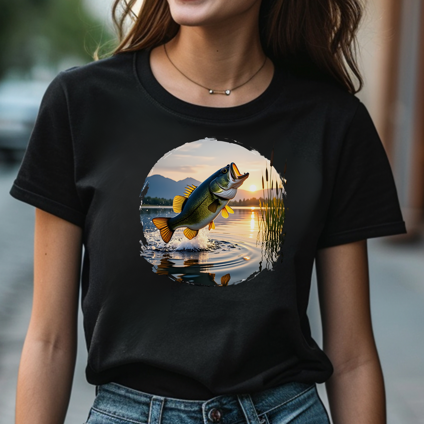 Big Mouth Large Bass PNG digital design on a woman's black t-shirt