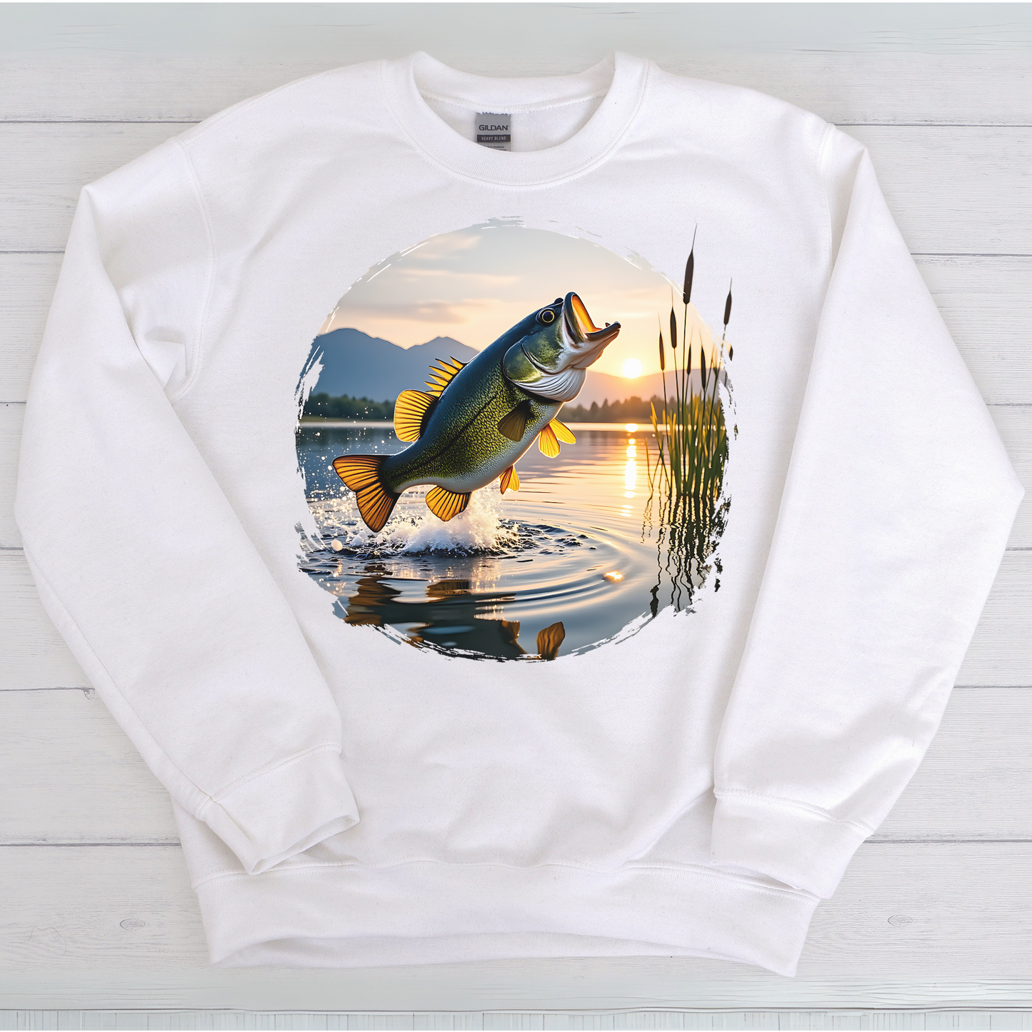 Big Mouth Large Bass PNG digital design on a white sweatshirt