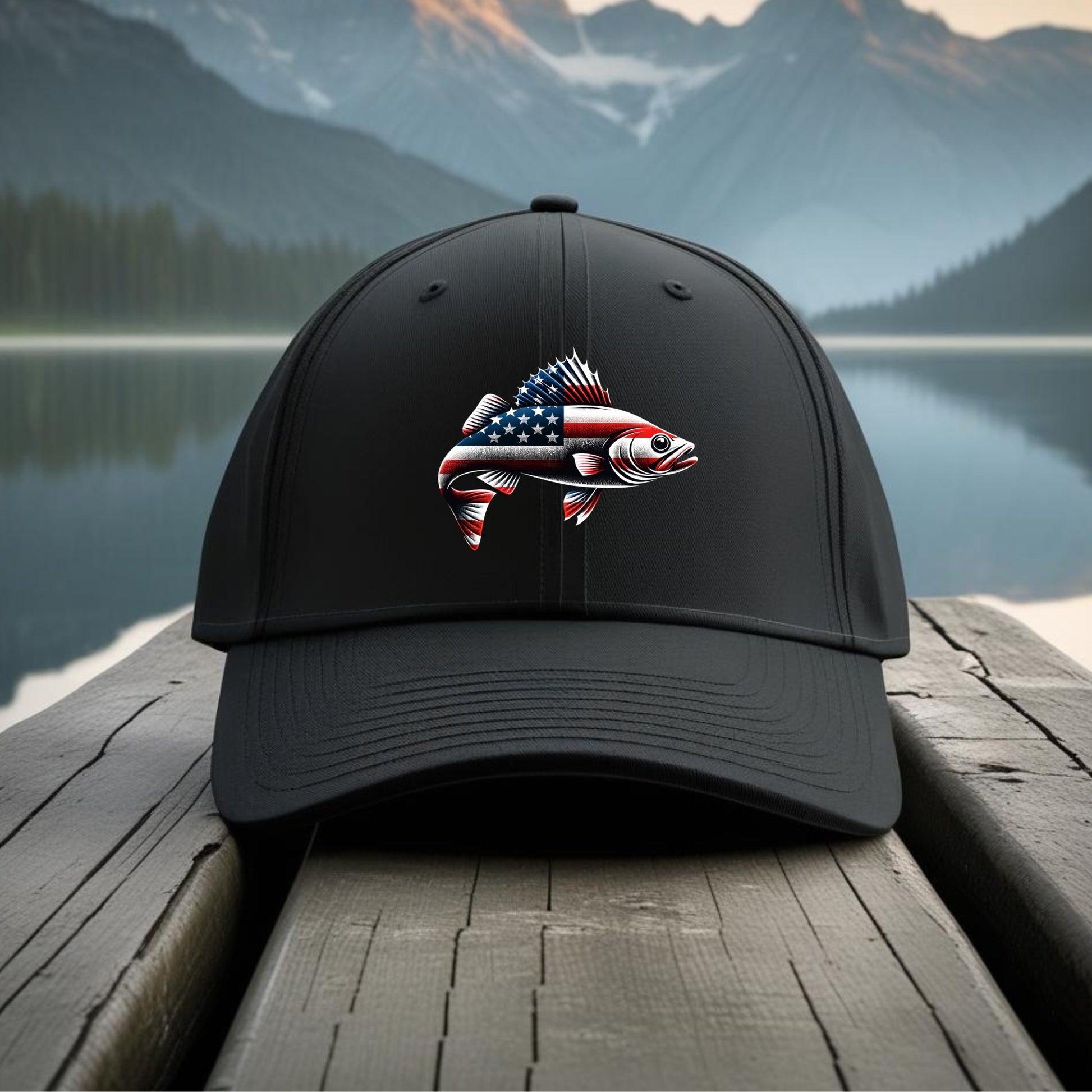 Black cap with a fish design featuring the American flag on a wooden dock with a mountain and lake background.
