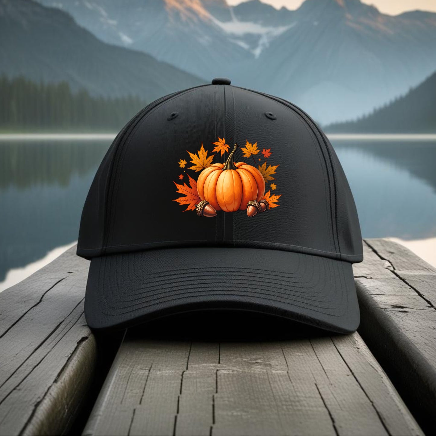 Black cap with pumpkin and leaf design on a wooden dock with mountain and lake background