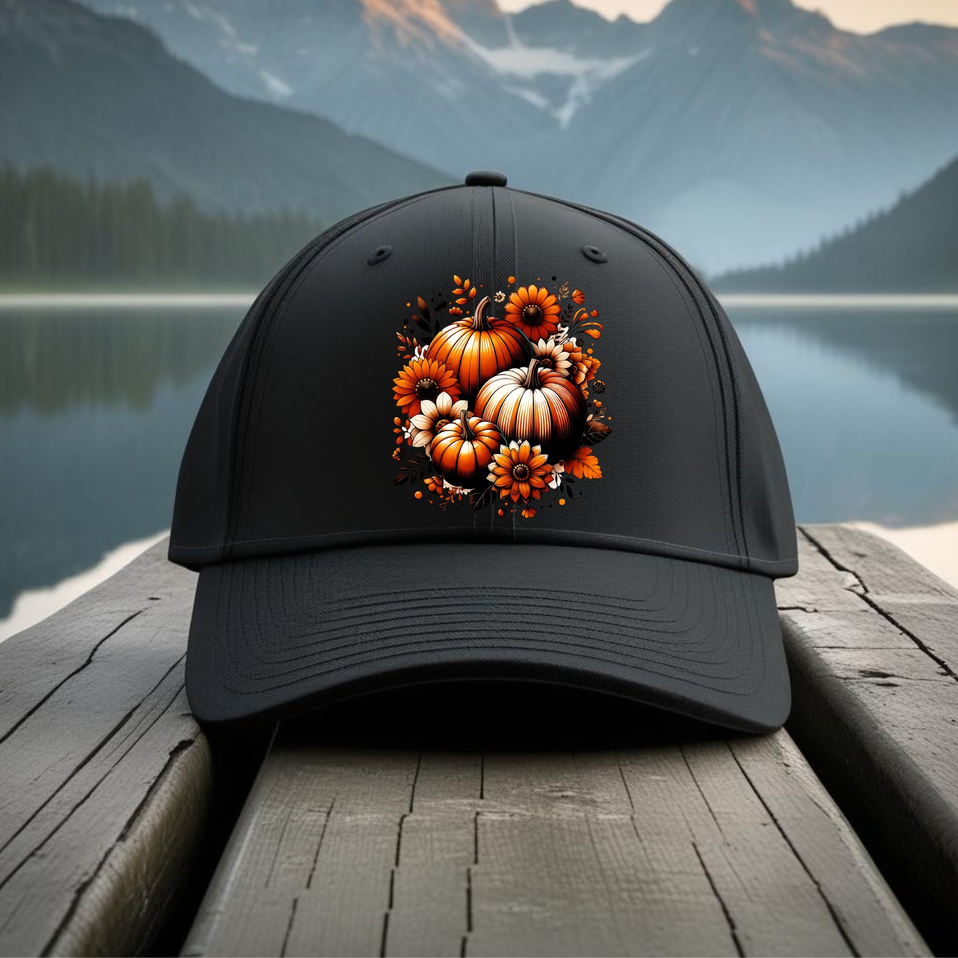 Black cap with pumpkin design on a wooden dock with mountain and lake background