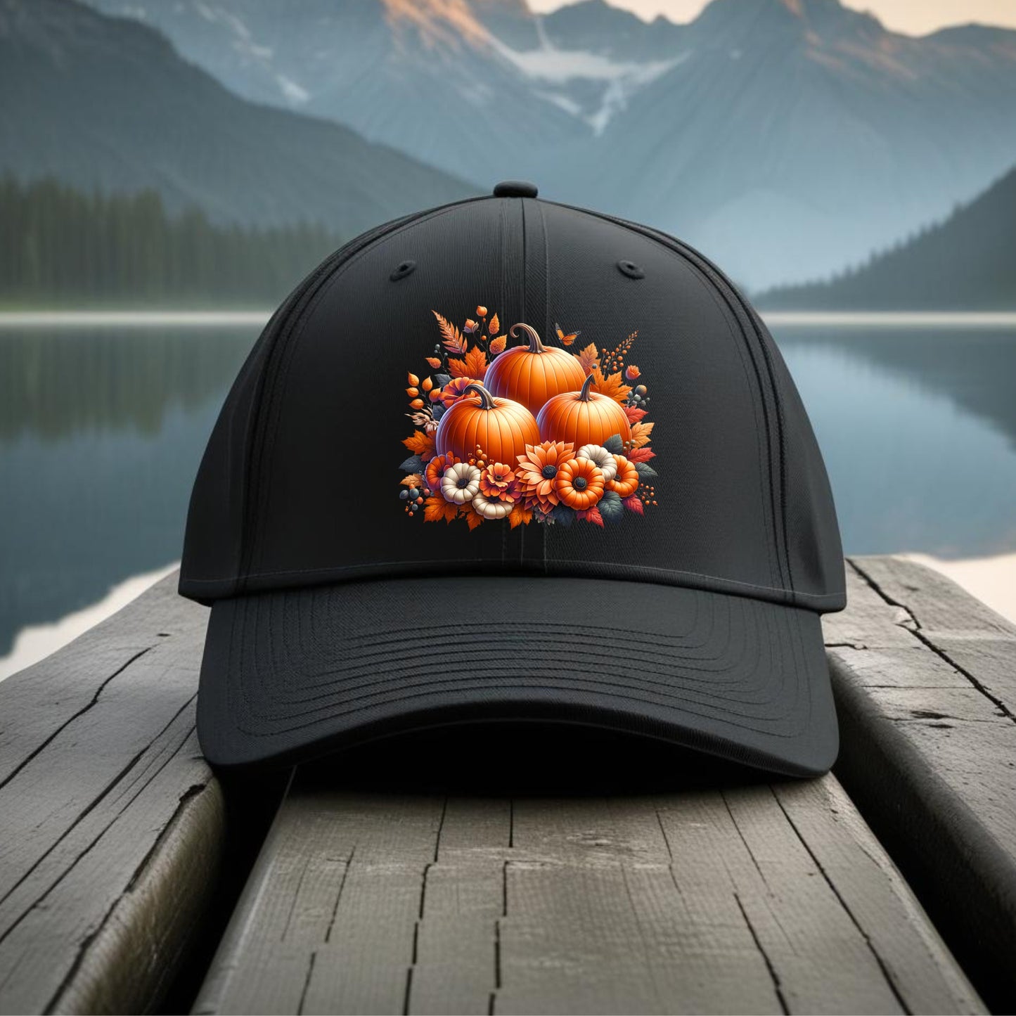 Black cap with autumn design on a wooden dock with a mountain and lake background