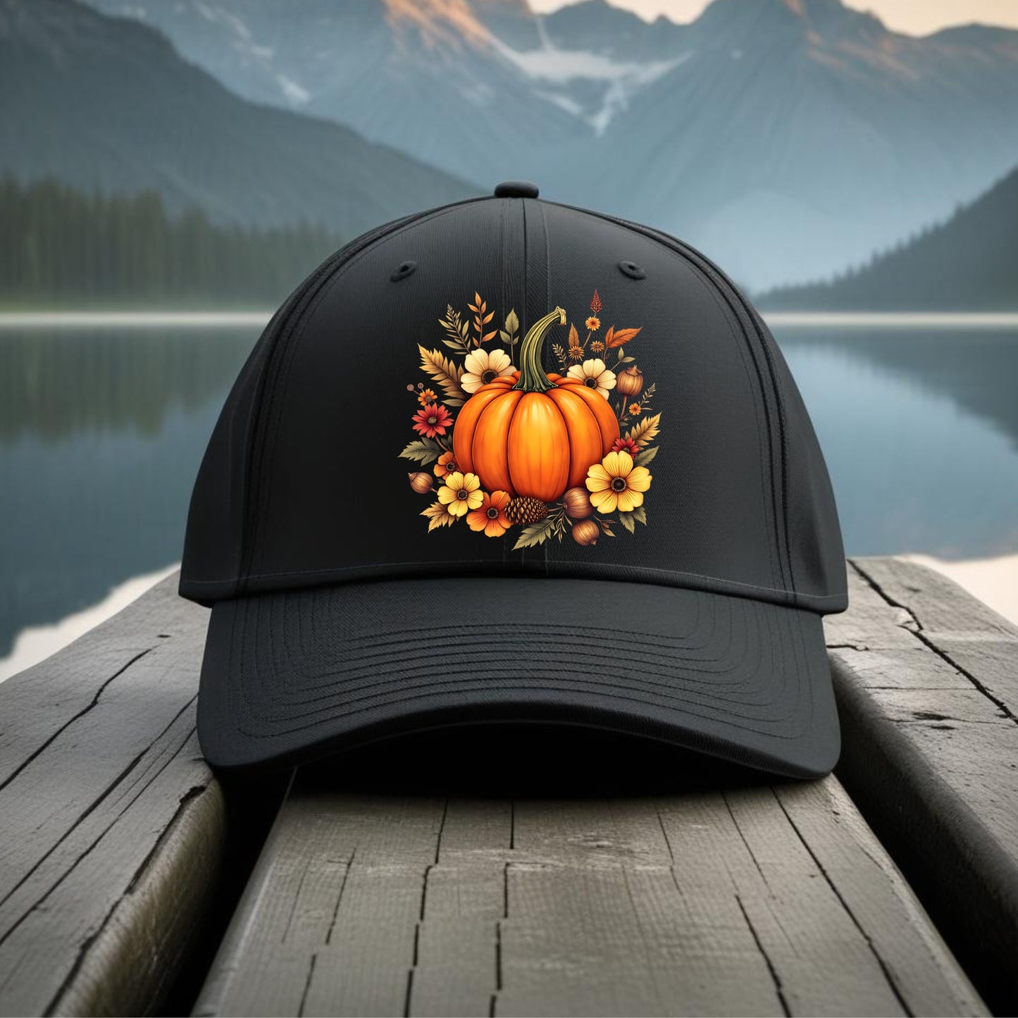 Black cap with pumpkin and floral design on a wooden dock with mountain and lake background