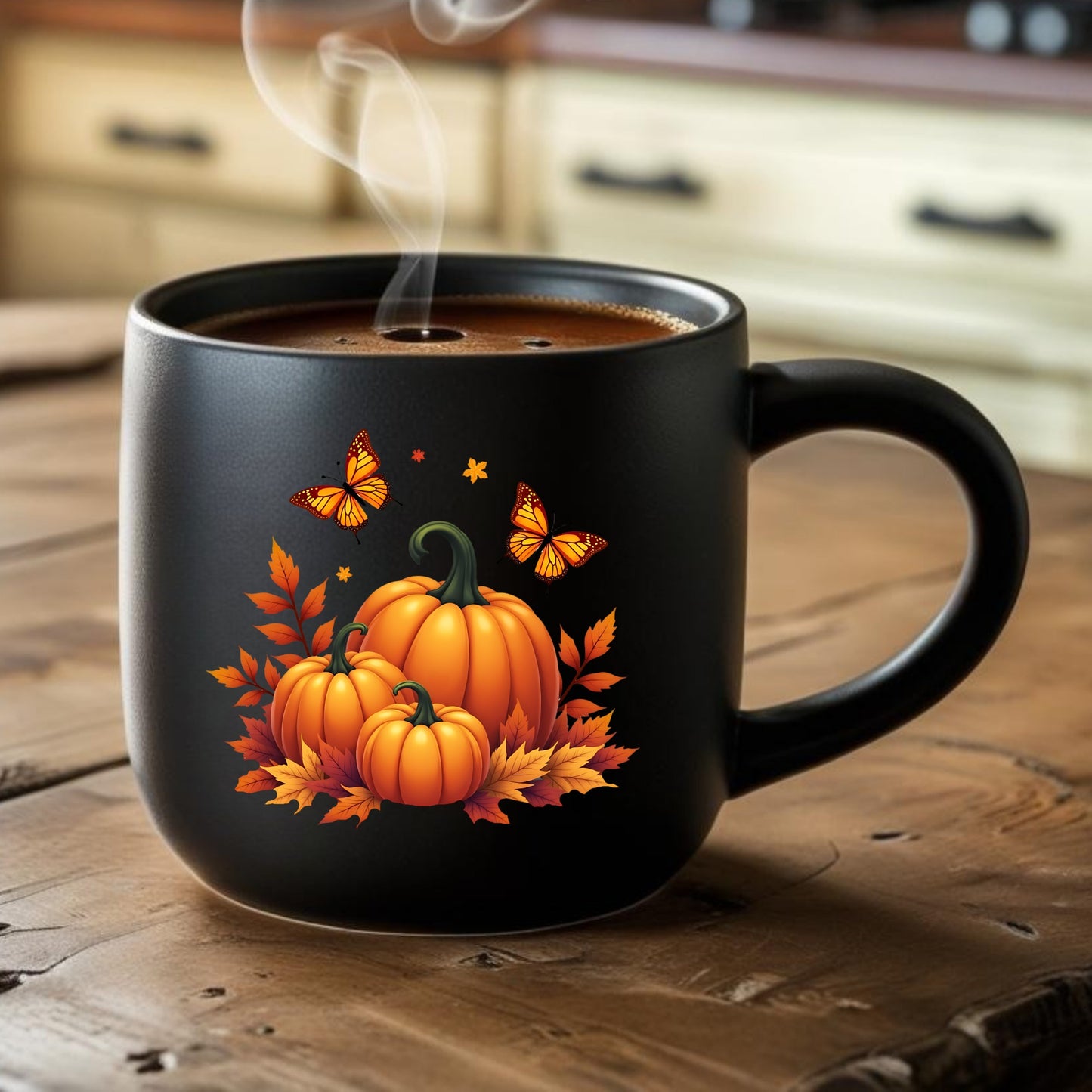 Black mug with pumpkin design and steam on a wooden surface