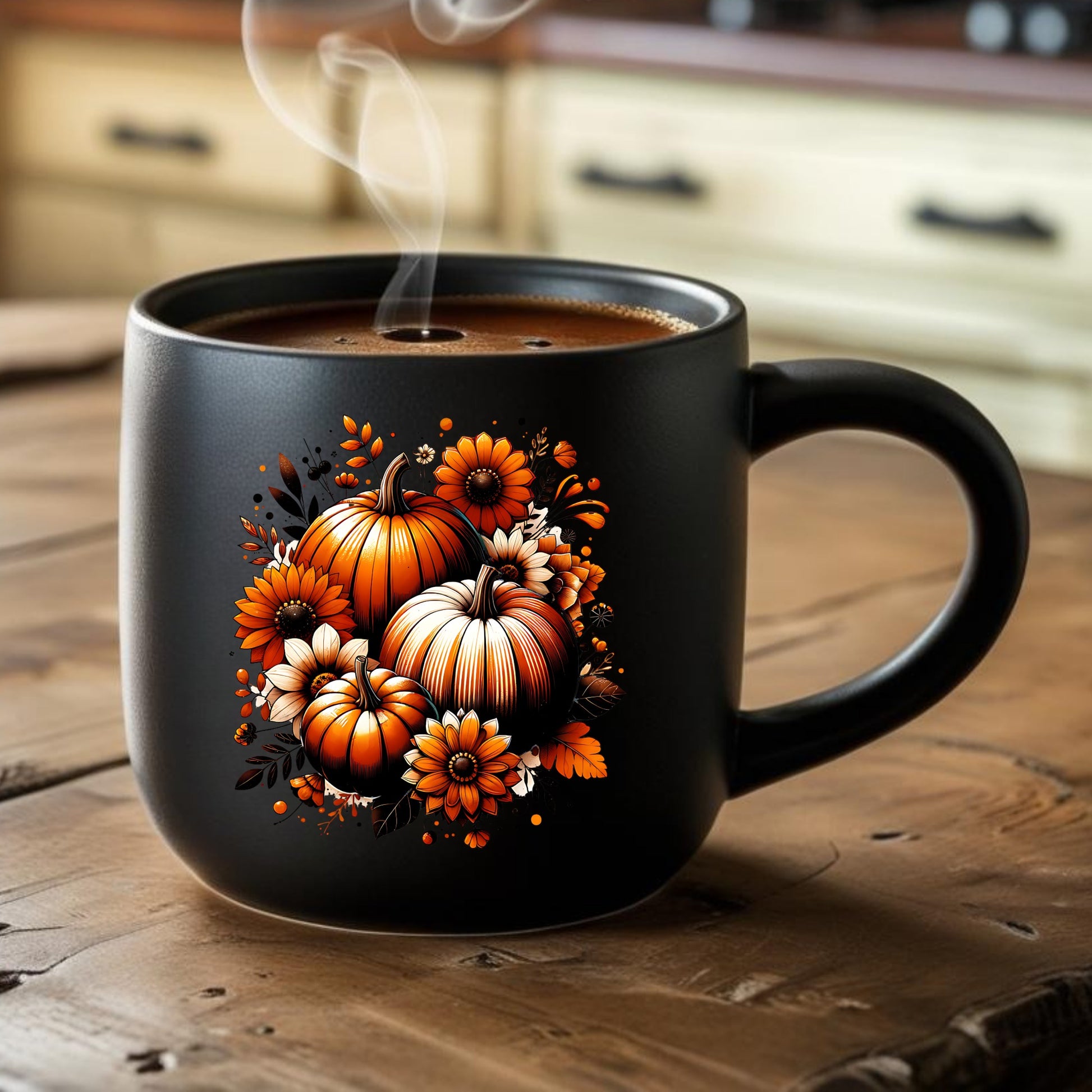 Black mug with pumpkin and floral design on a wooden table