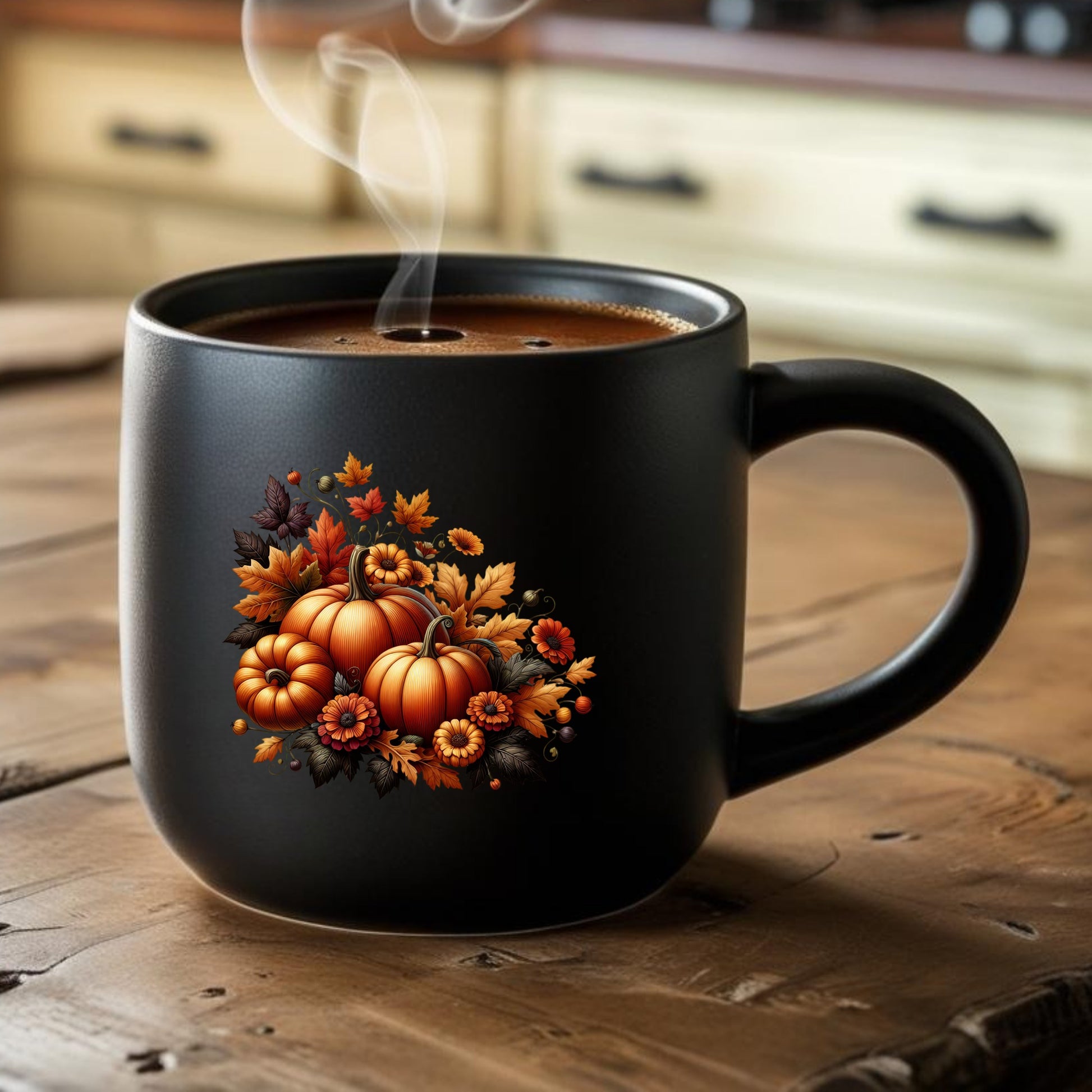 Black mug with pumpkin design on a wooden table