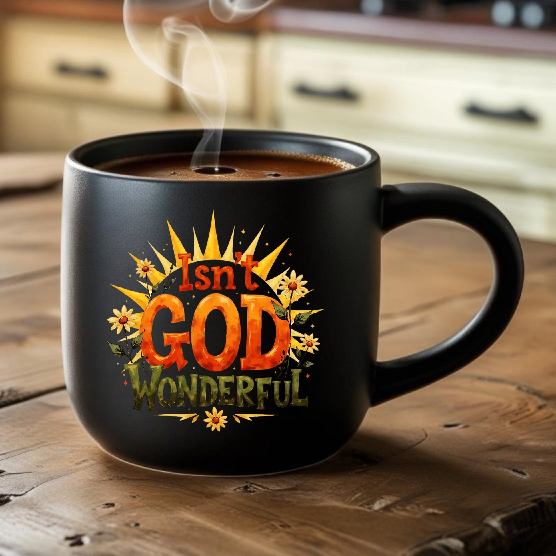 Black mug with 'Isn't God Wonderful' text on a wooden surface