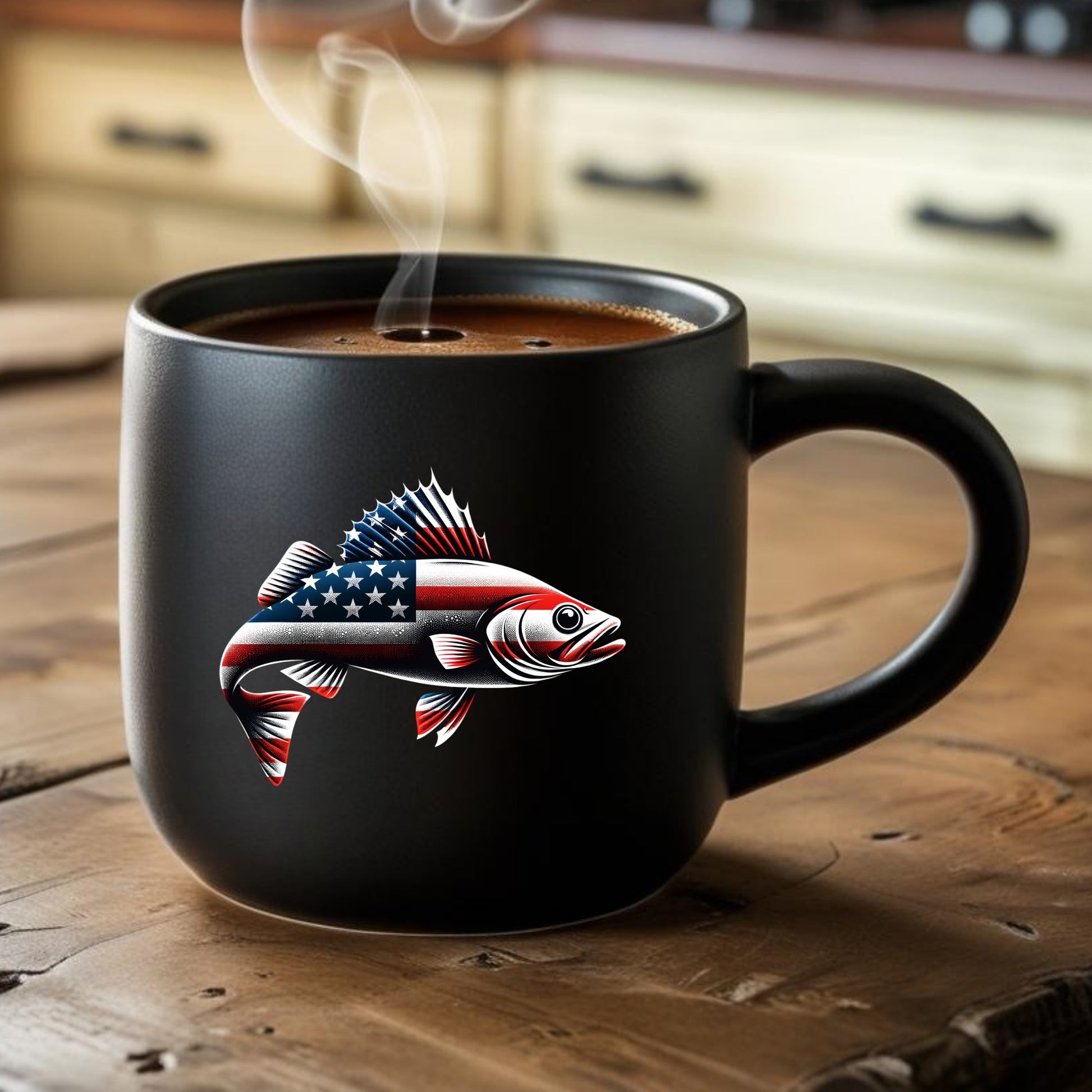 Black mug with American flag fish design on a wooden table