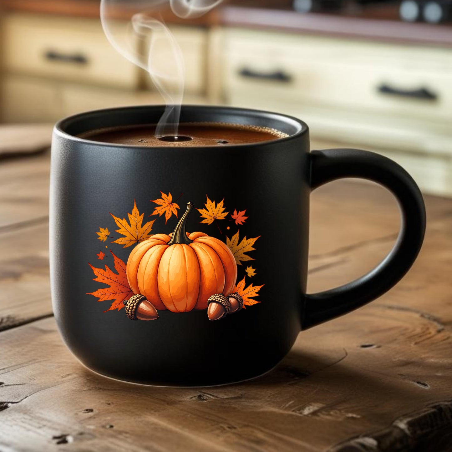 Black mug with pumpkin and leaf design on a wooden table