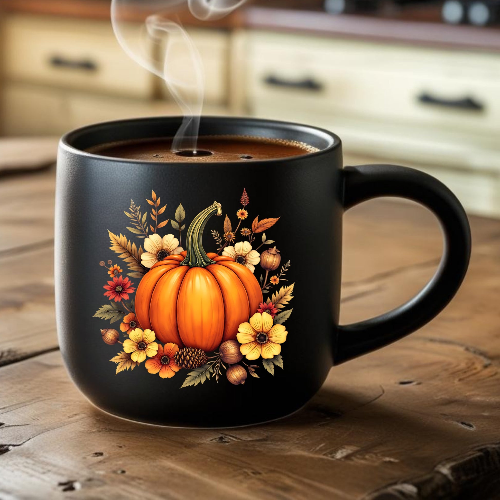 Black mug with pumpkin and floral design on a wooden table