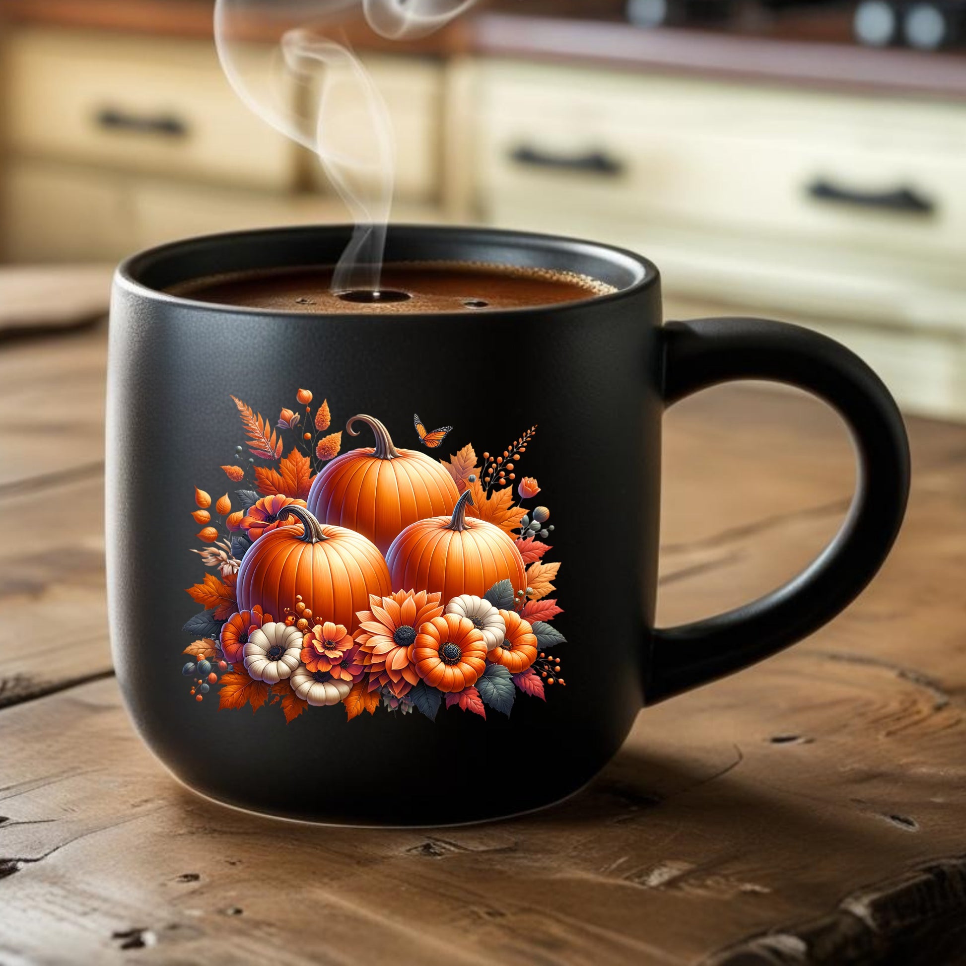 Black mug with pumpkin and floral design on a wooden table