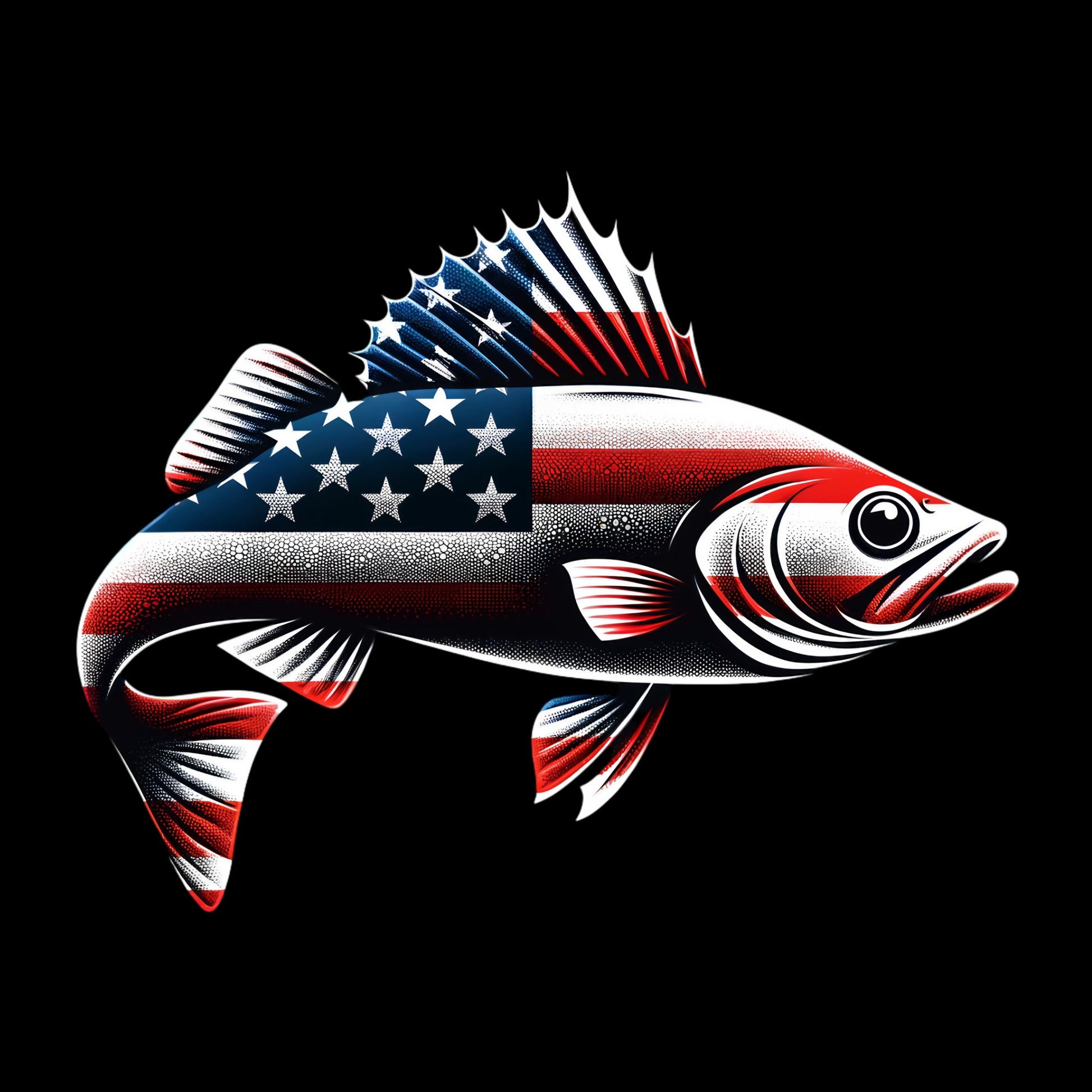 Walleye Fish with American flag pattern on a black background
