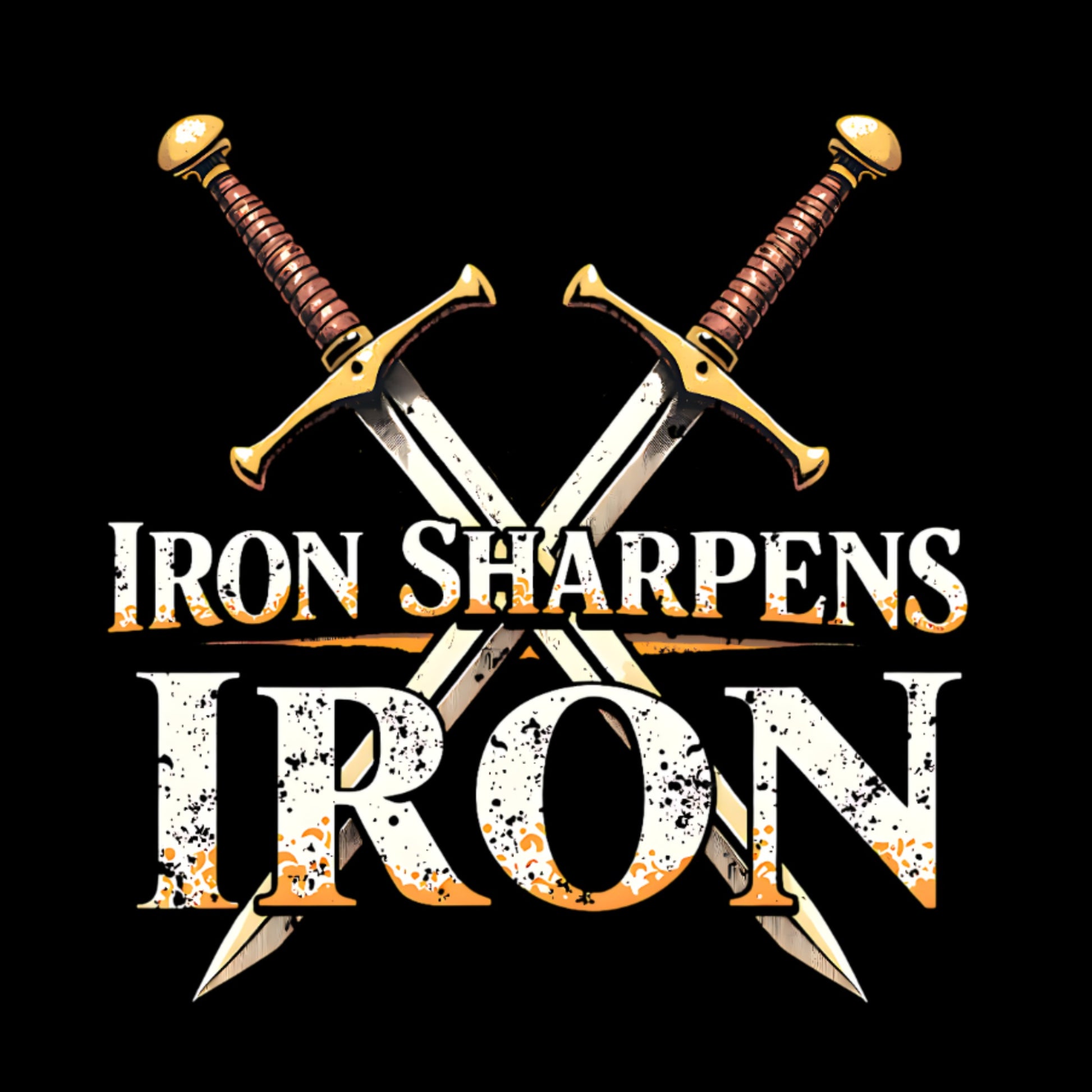 Crossed swords with 'Iron Sharpens Iron' text on a black background