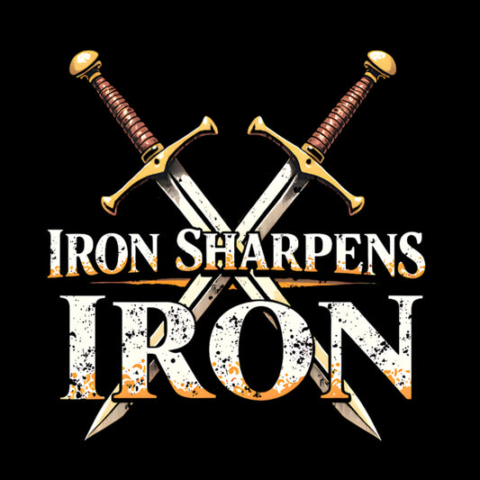 Crossed swords with 'Iron Sharpens Iron' text on a black background