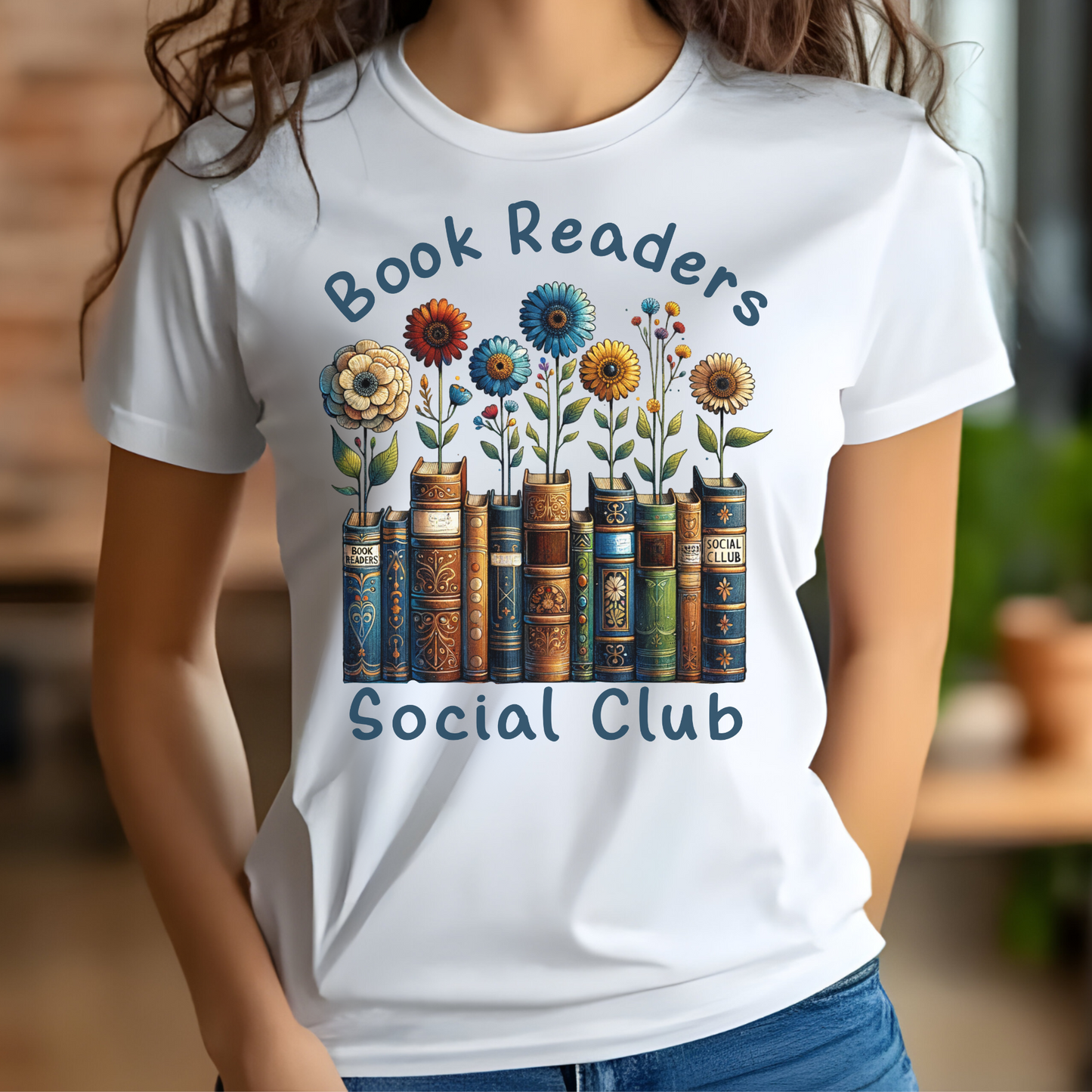 Book Readers Social Club PNG digital design on a woman's white t-shirt