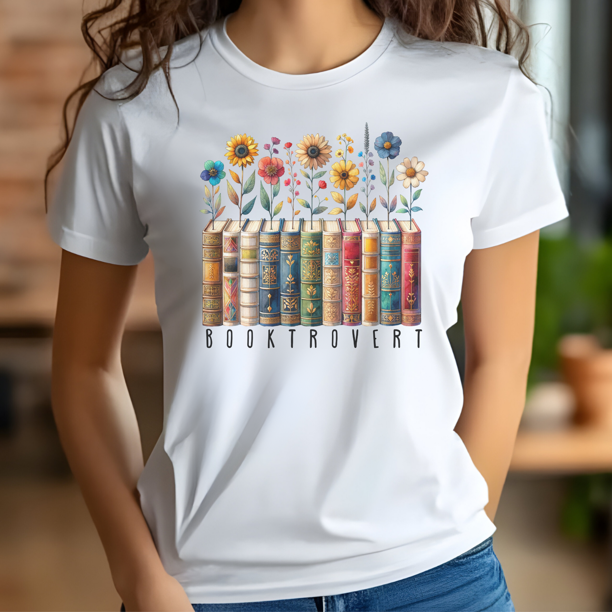 Booktrovert Book Lover PNG Digital Design on a woman's white t-shirt
