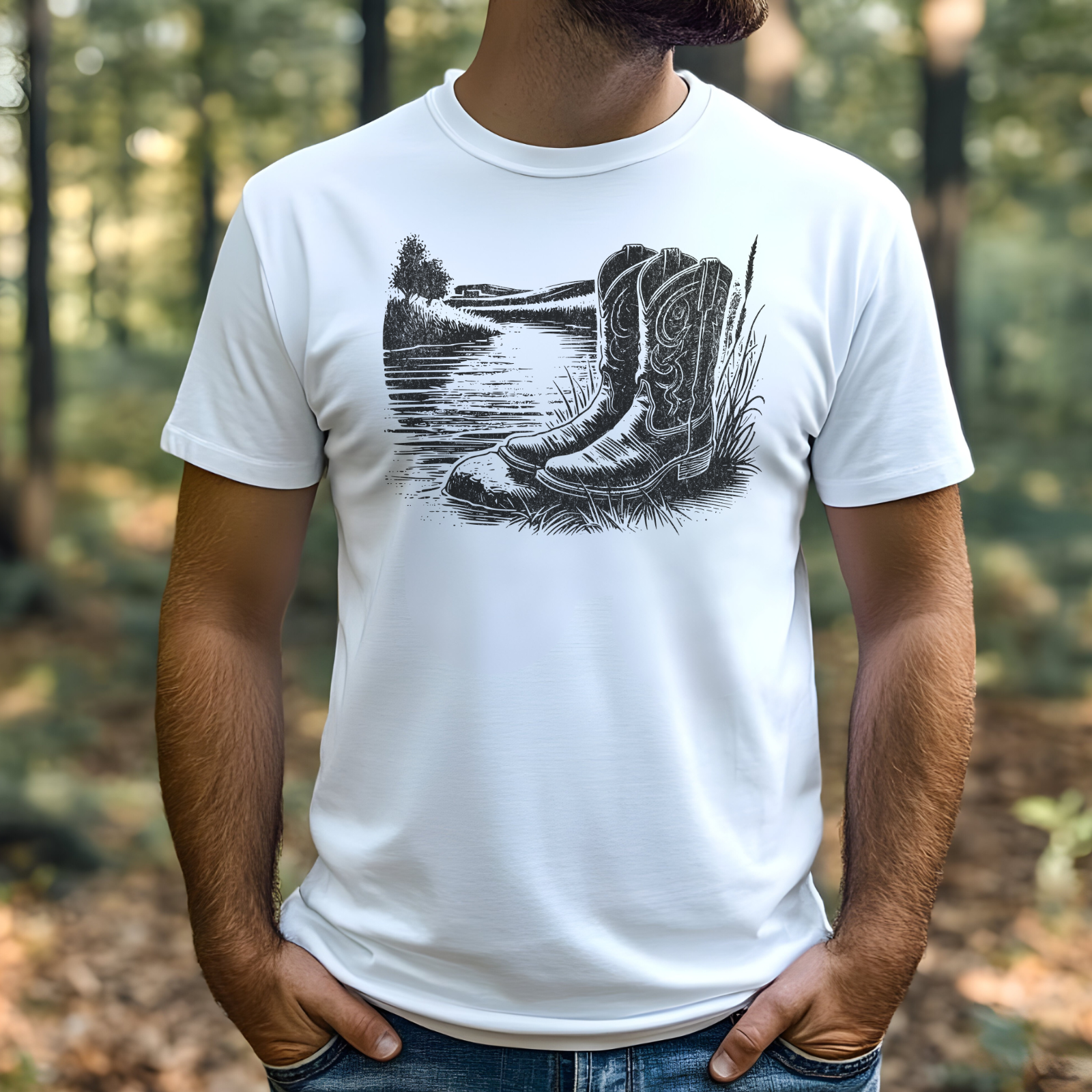Boots By A River digital design on a man’s white t-shirt