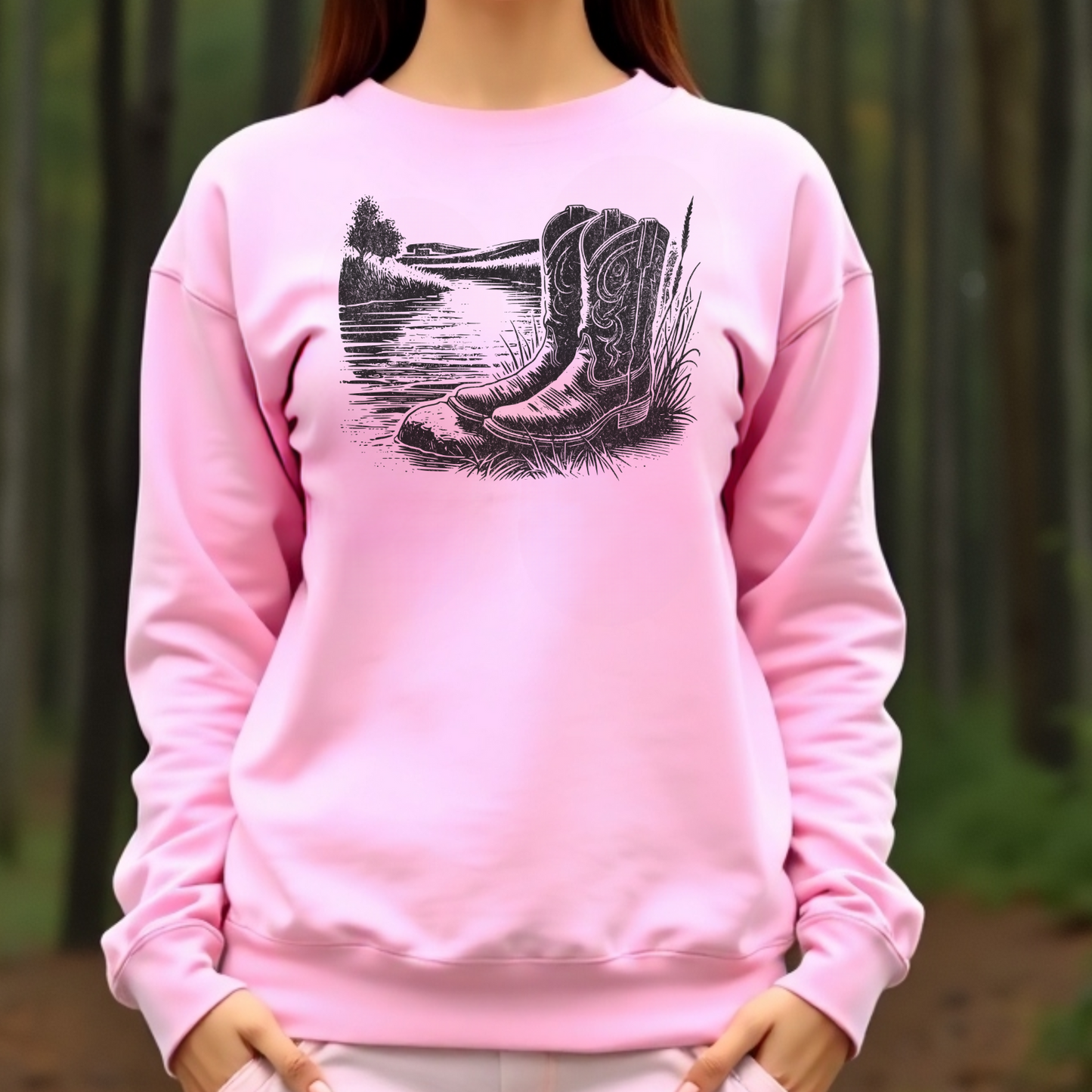 Boots By A River digital design on a pink sweatshirt