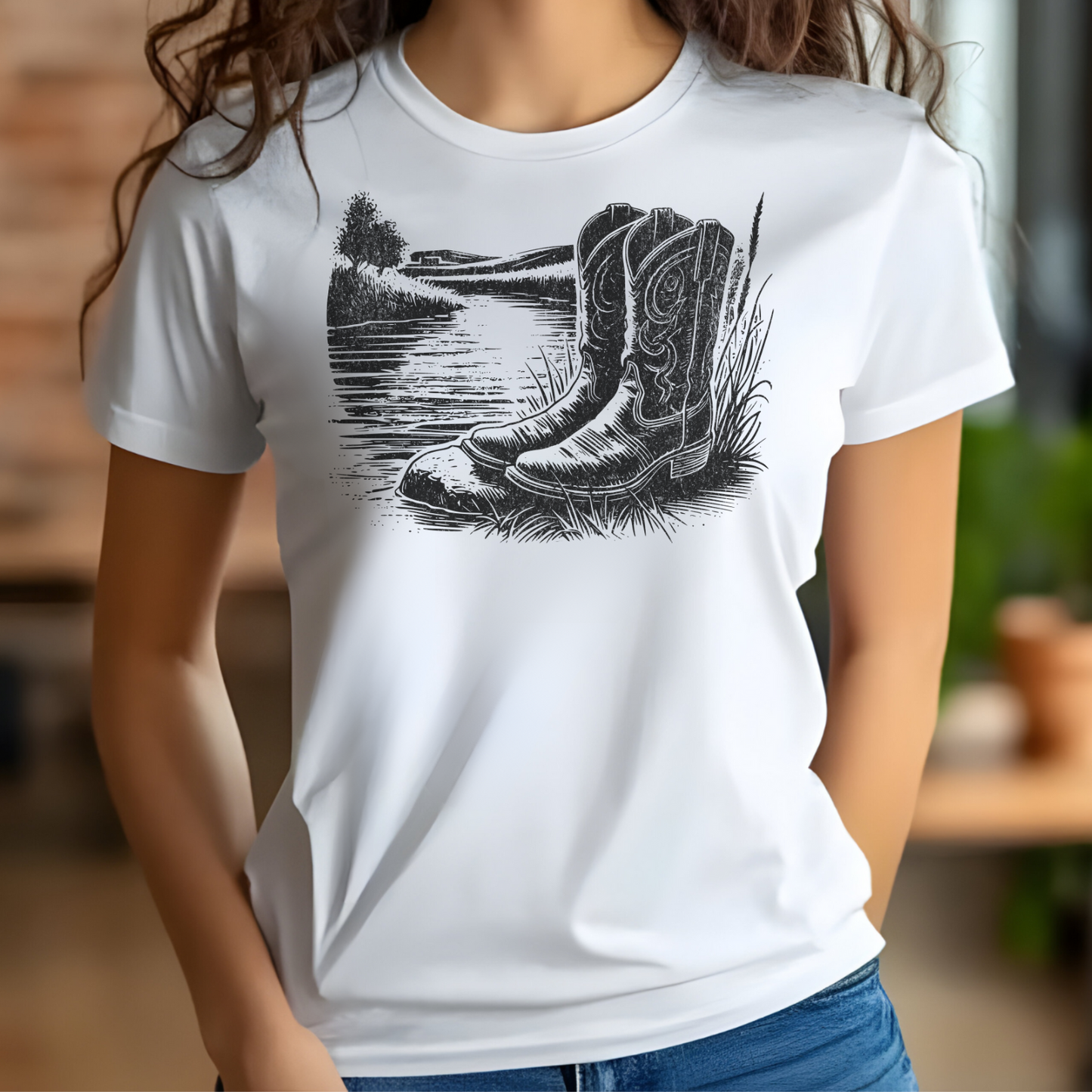Boots By A River digital design on a woman’s white t-shirt
