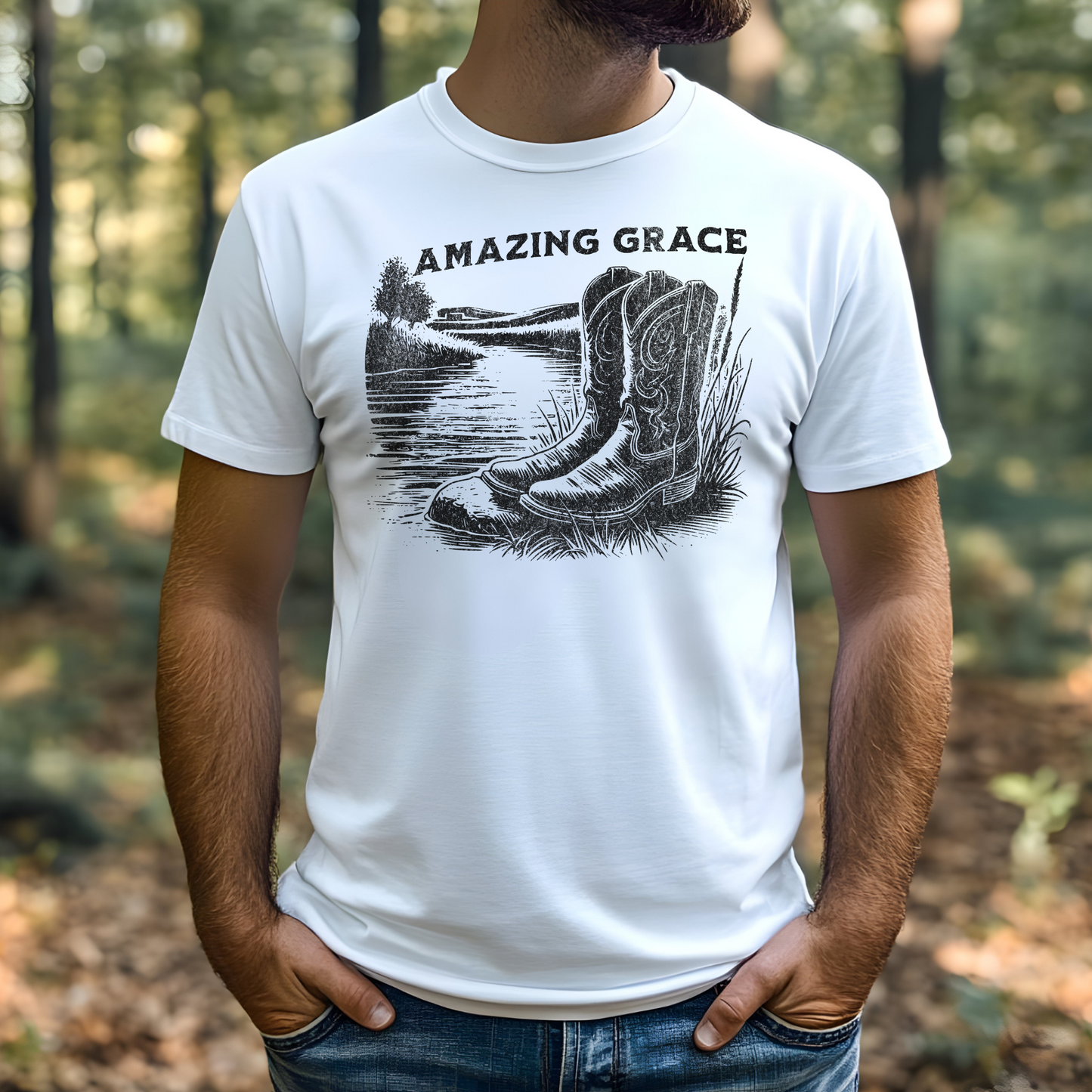 River Boots Amazing Grace digital design on a man’s white t-shirt