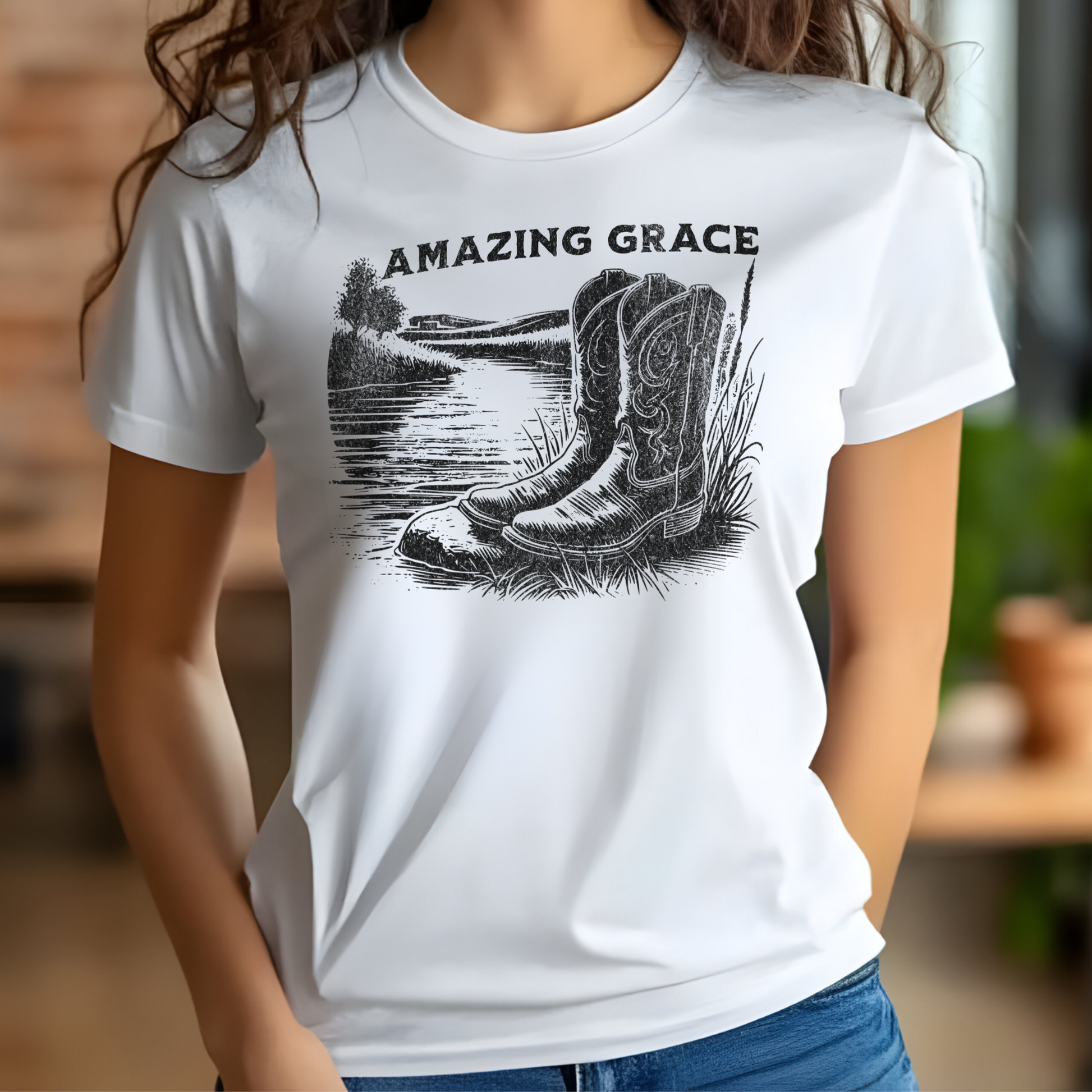 River Boots Amazing Grace digital design on a woman’s white t-shirt