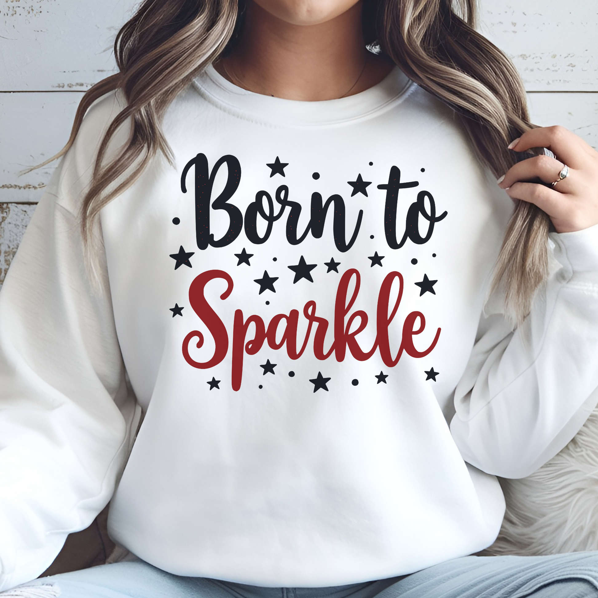 Born To Sparkle patriotic digital design on a woman's white sweatshirt