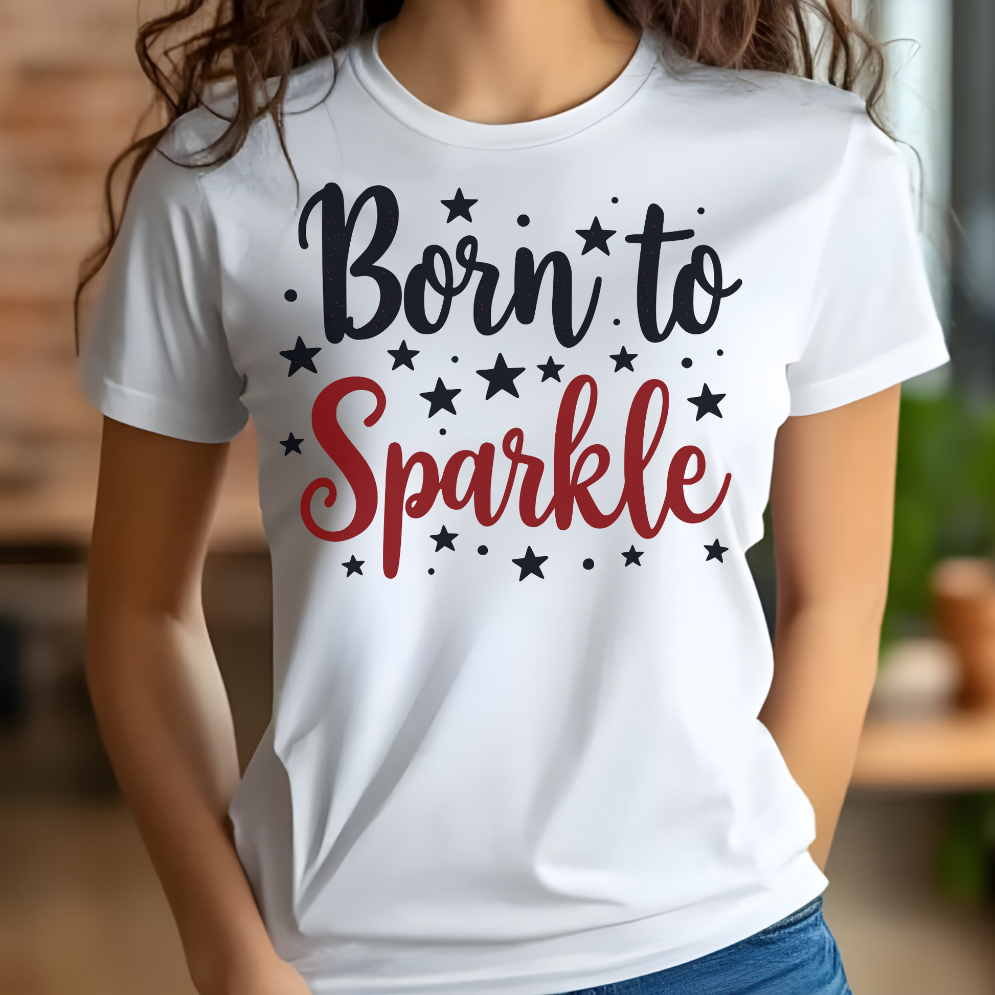Born To Sparkle patriotic digital design on a woman's white t-shirt