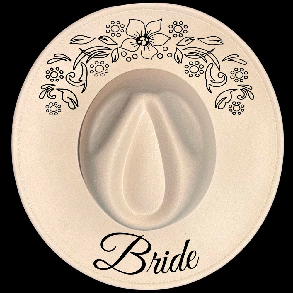 Bride Periwinkle burned hat burning design on a wide brim hat