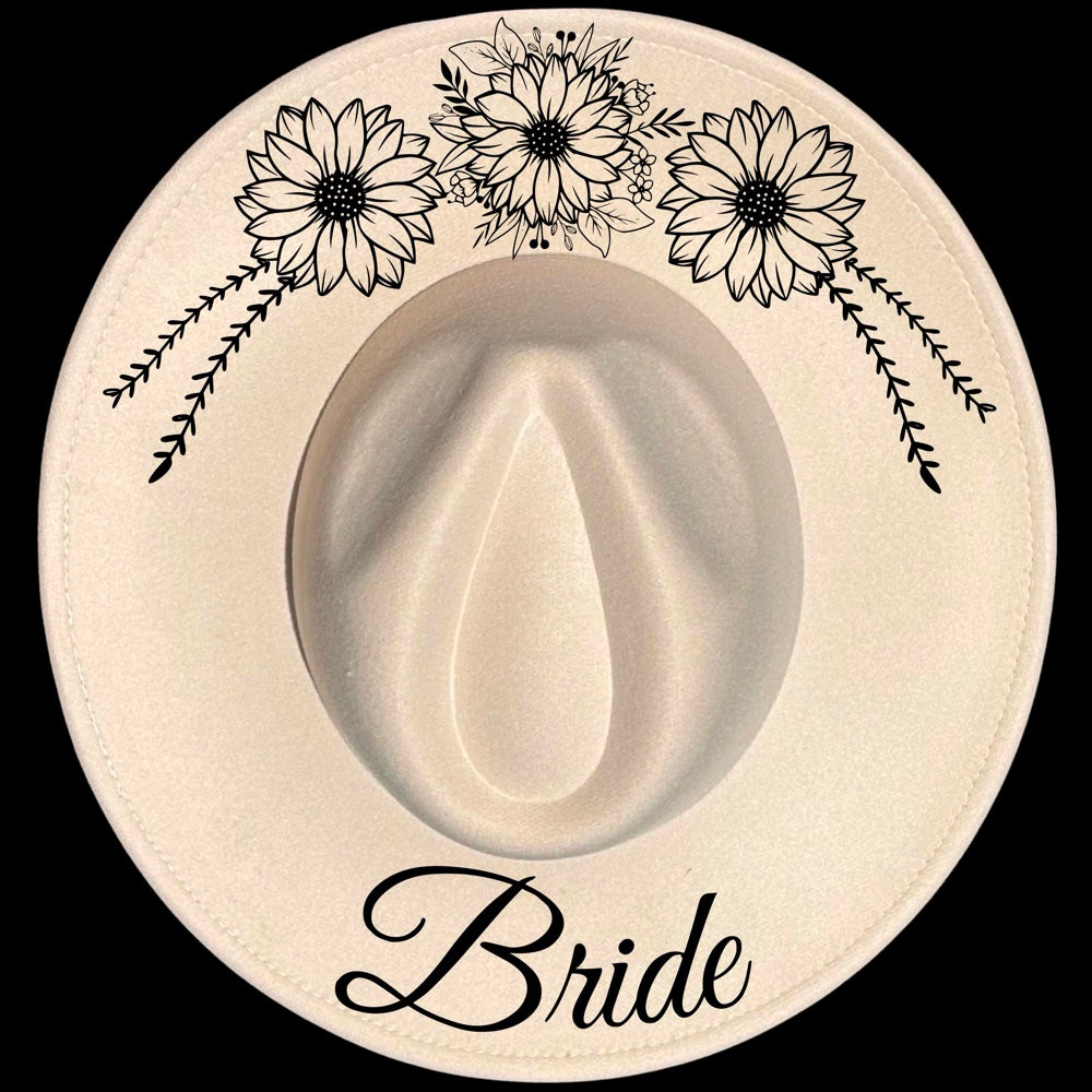 Bride Sunflower Spray burned hat burning design on a wide brim hat