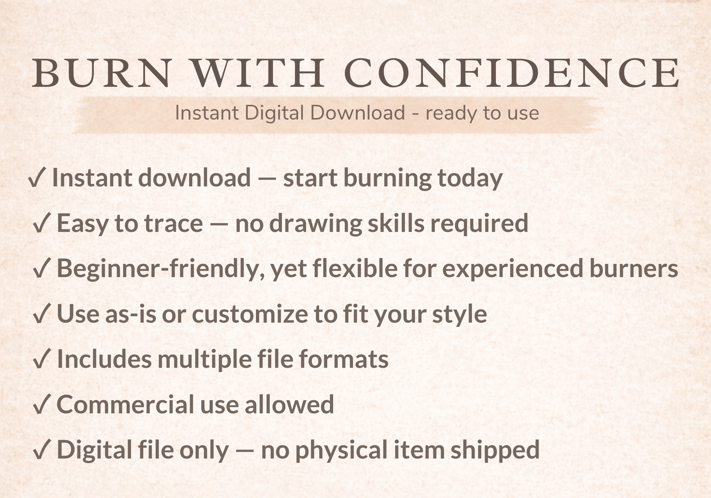 Promotional text for an instant digital download with features on a beige background