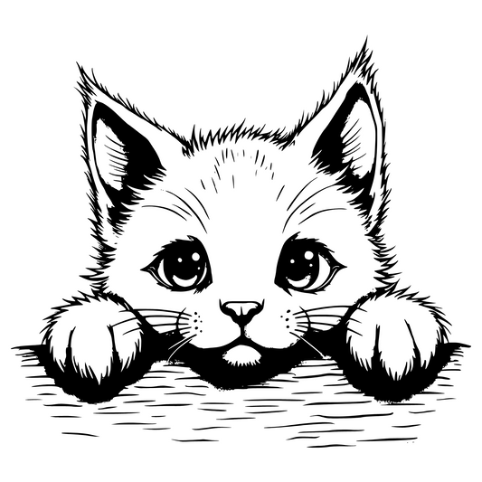 Black and white illustration of a kitten peeking from behind a piece of wood