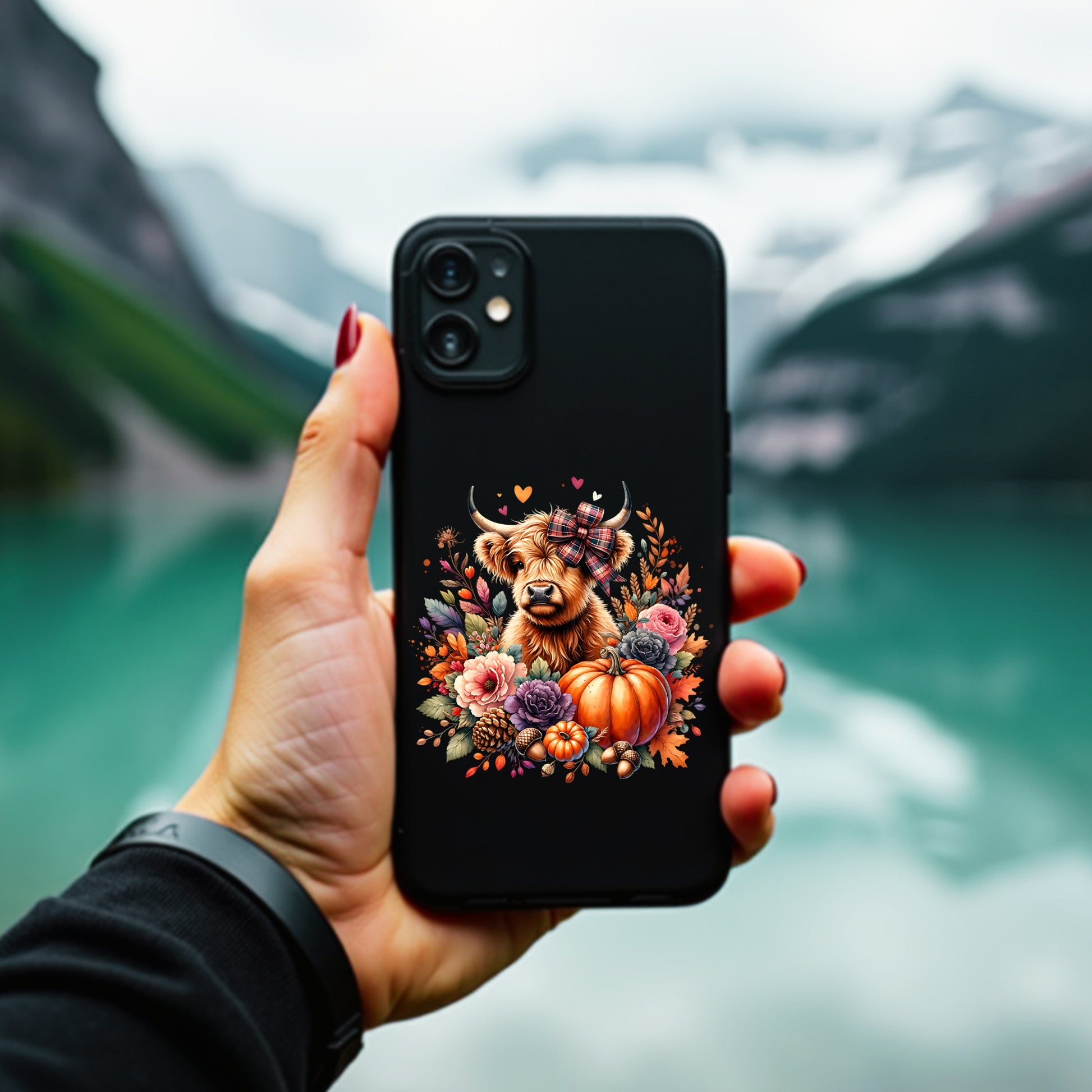Woman holding a phone with a decorative case featuring a cow and autumn elements against a mountainous background.