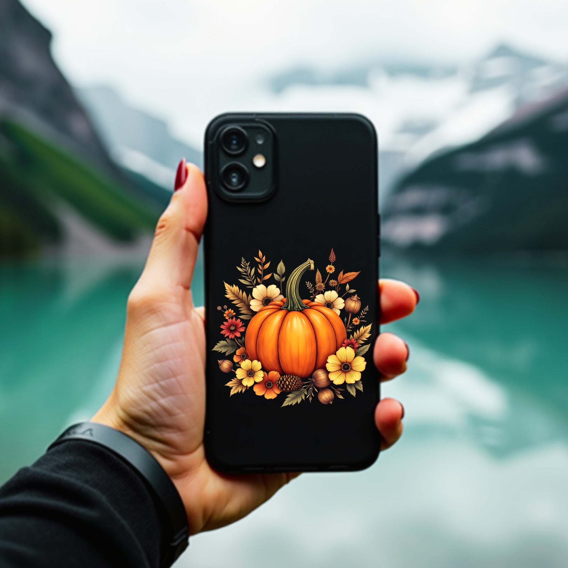 Hand holding a phone with a pumpkin design case against a mountainous background