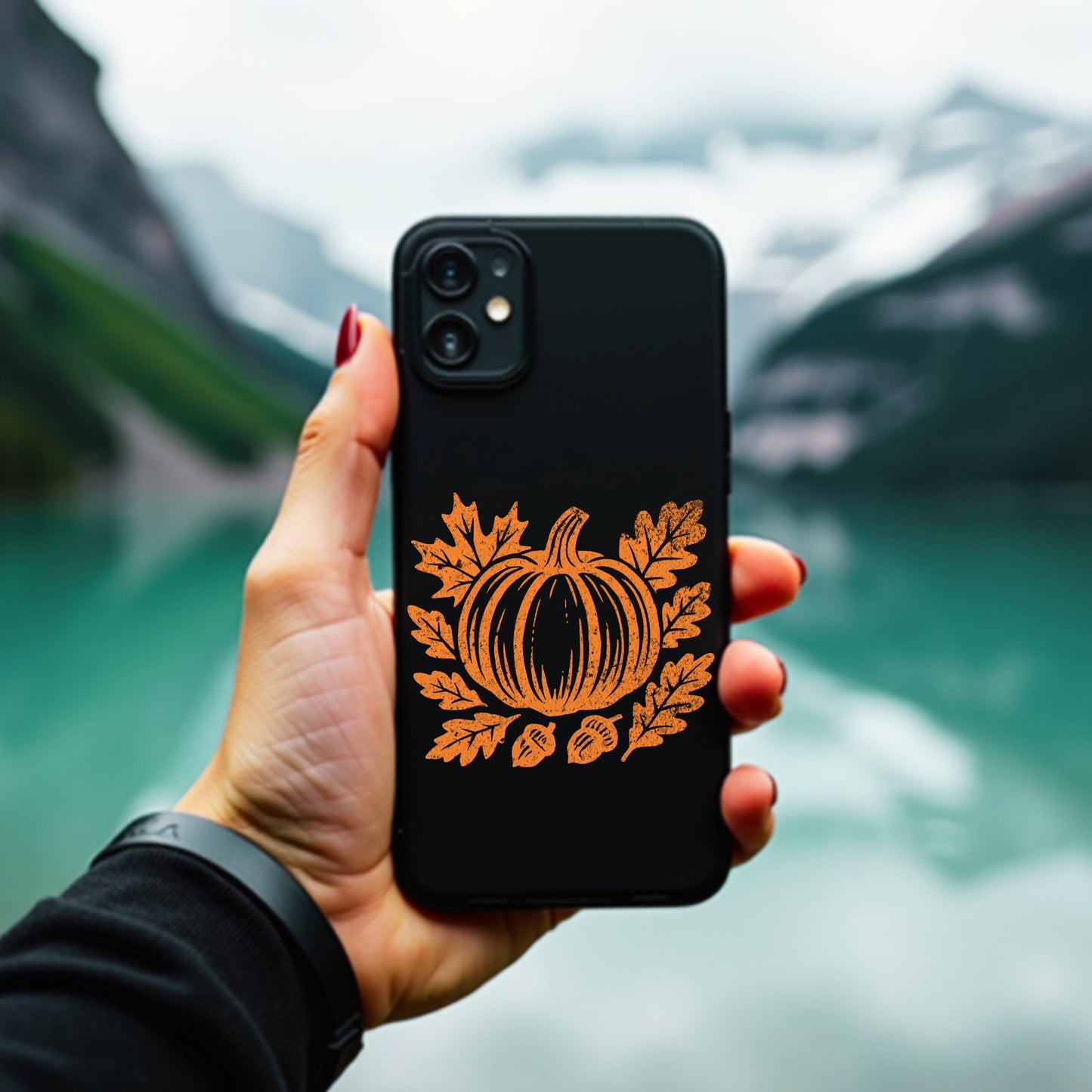 Hand holding a black phone case with an orange pumpkin design against a blurred natural background