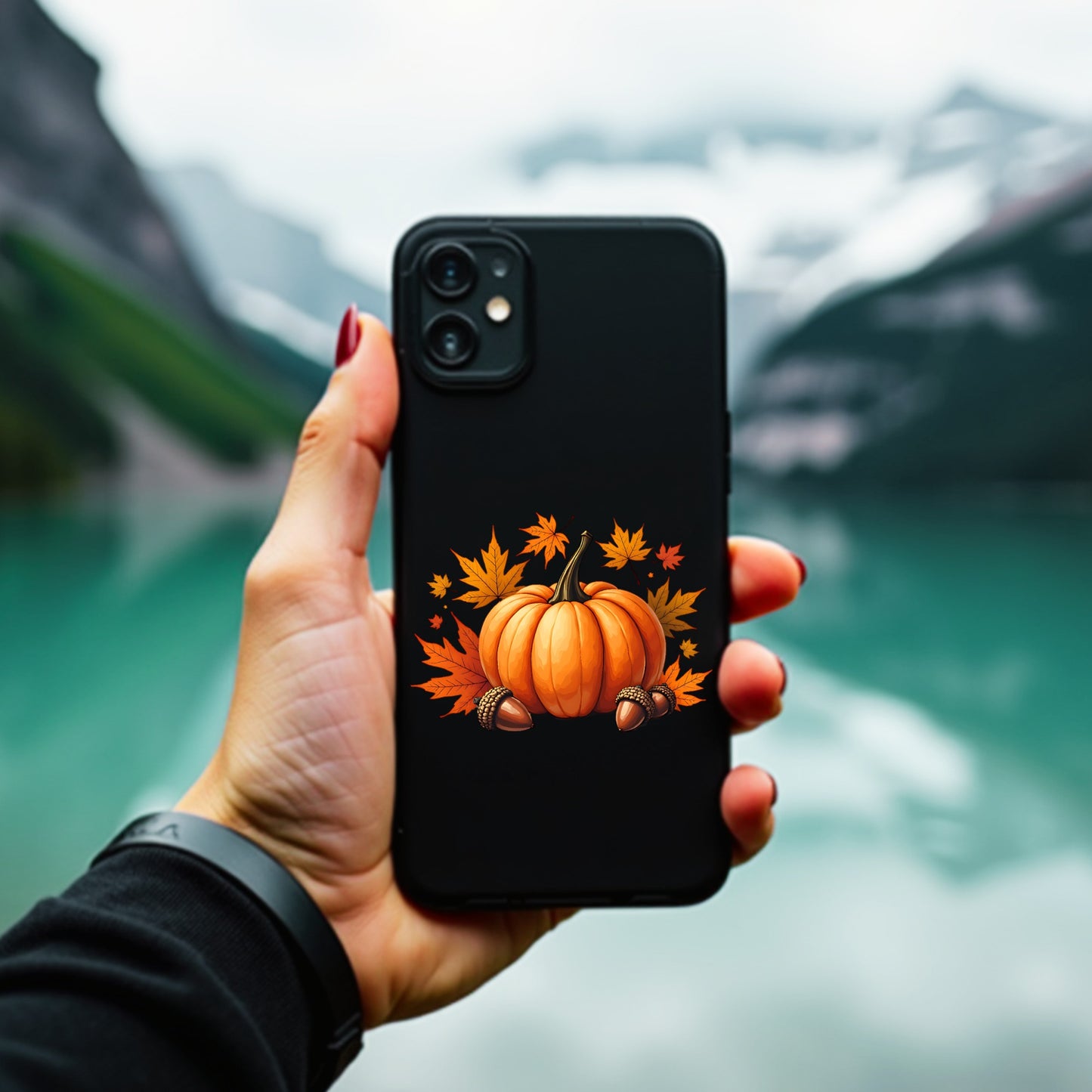 Hand holding a phone with a black case featuring a pumpkin design against a blurred natural background