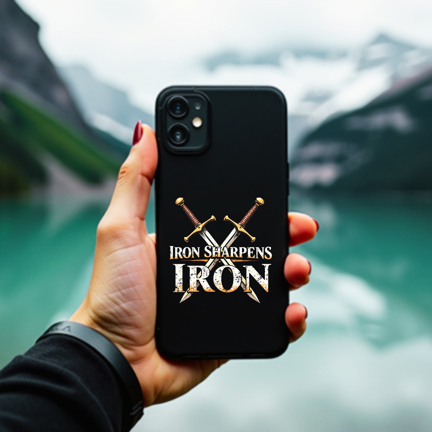 Hand holding a black phone case with 'Iron Sharpens Iron' design against a mountainous background