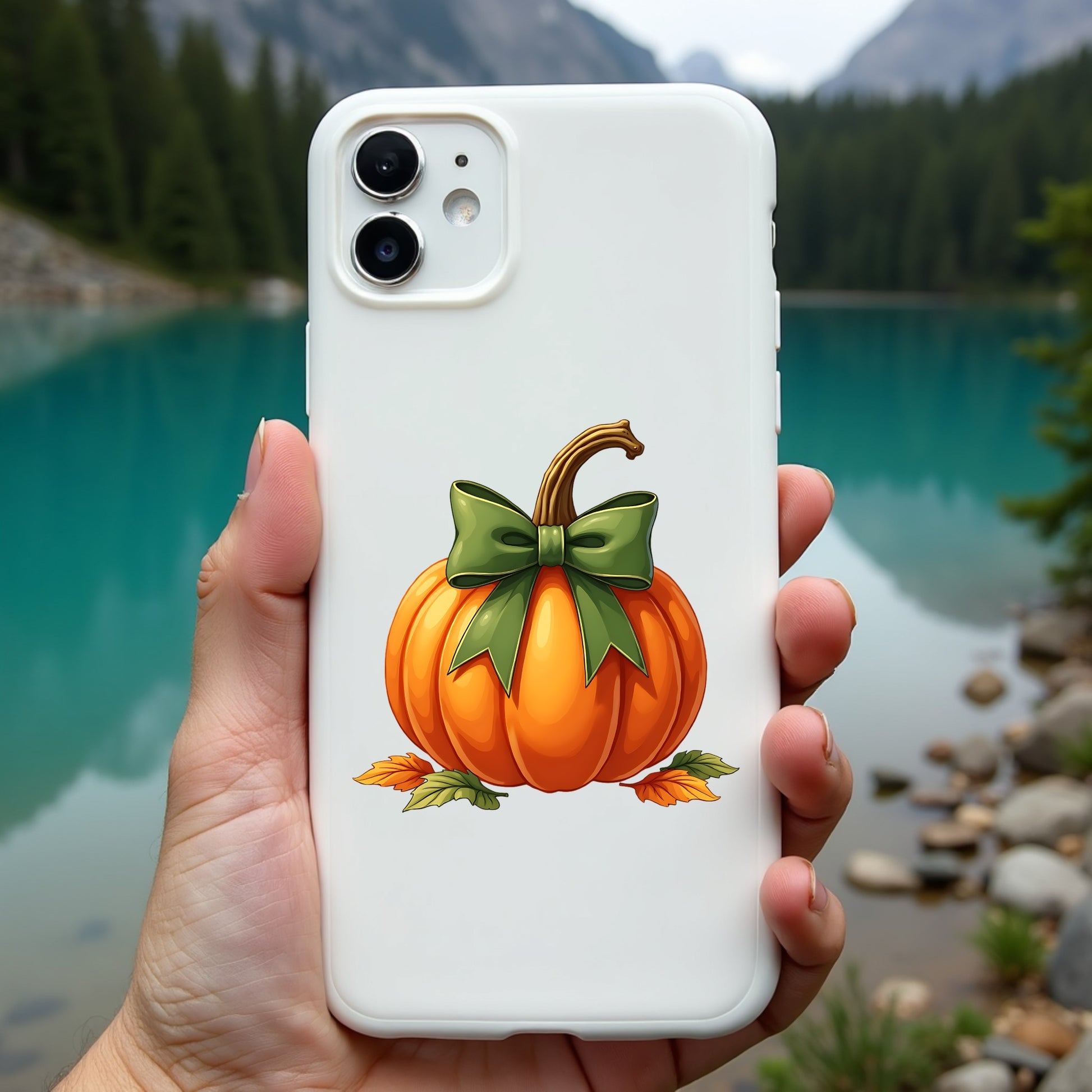 Phone case with pumpkin design held in front of a scenic lake and mountains
