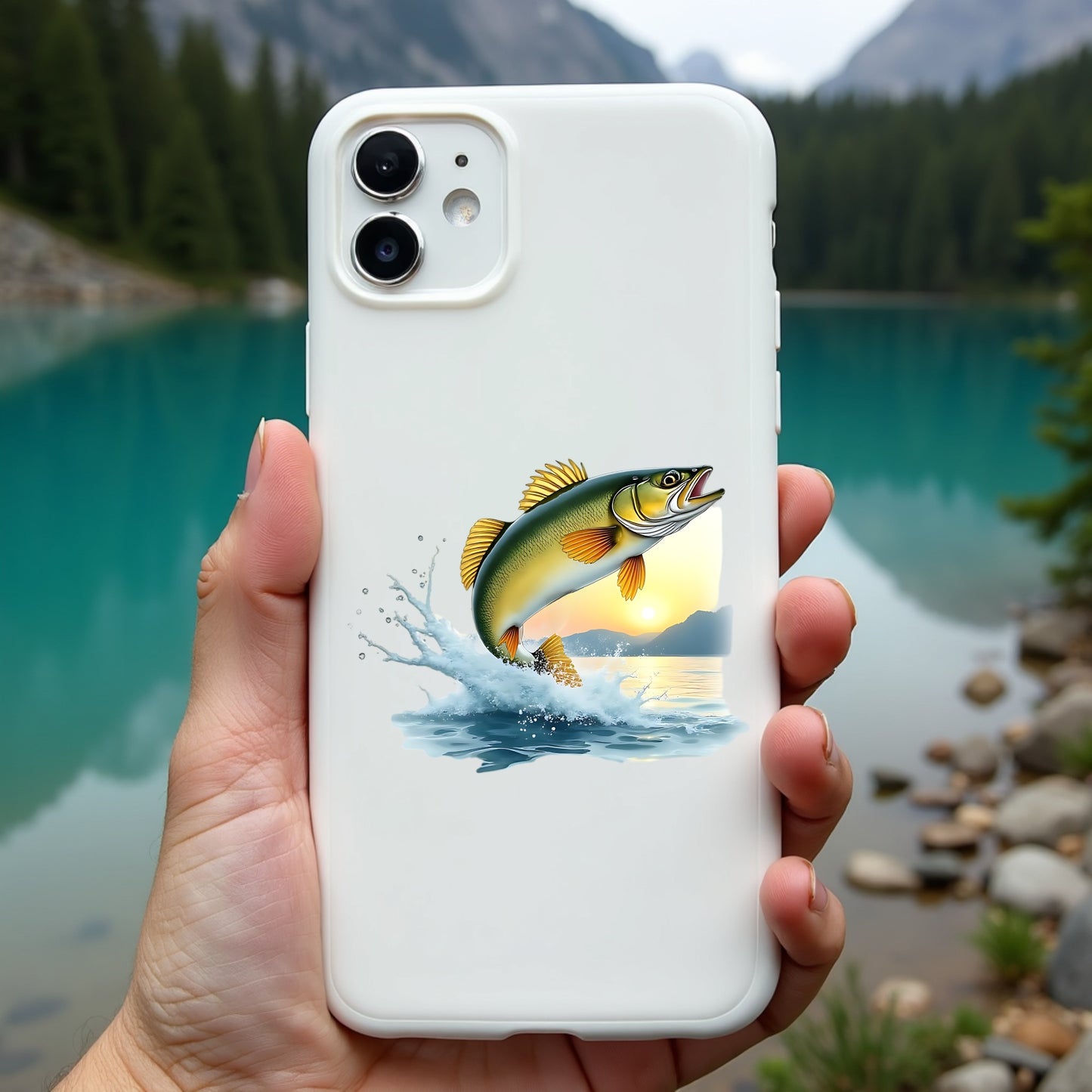 Phone case with walleye fish design held in front of a scenic lake and mountains
