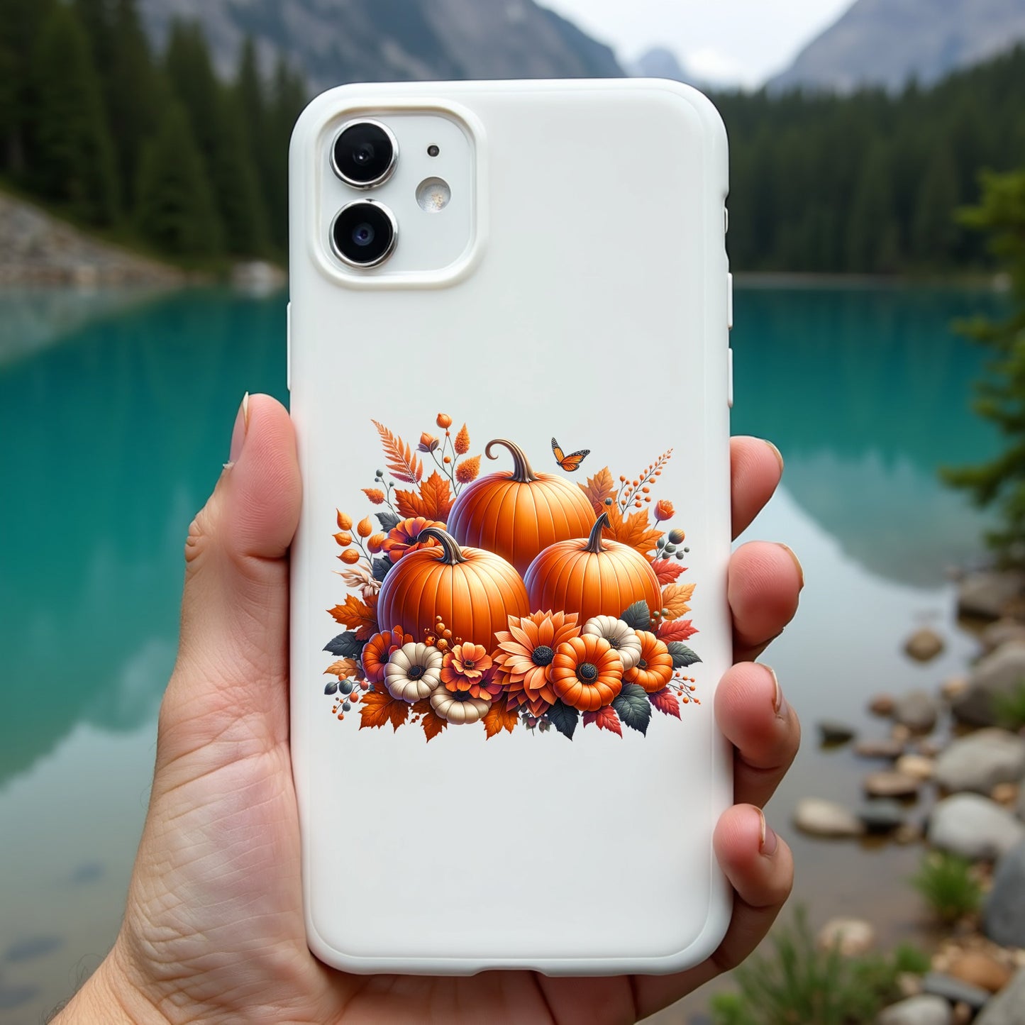 Phone case with pumpkins and flowers held in front of a scenic lake and mountains