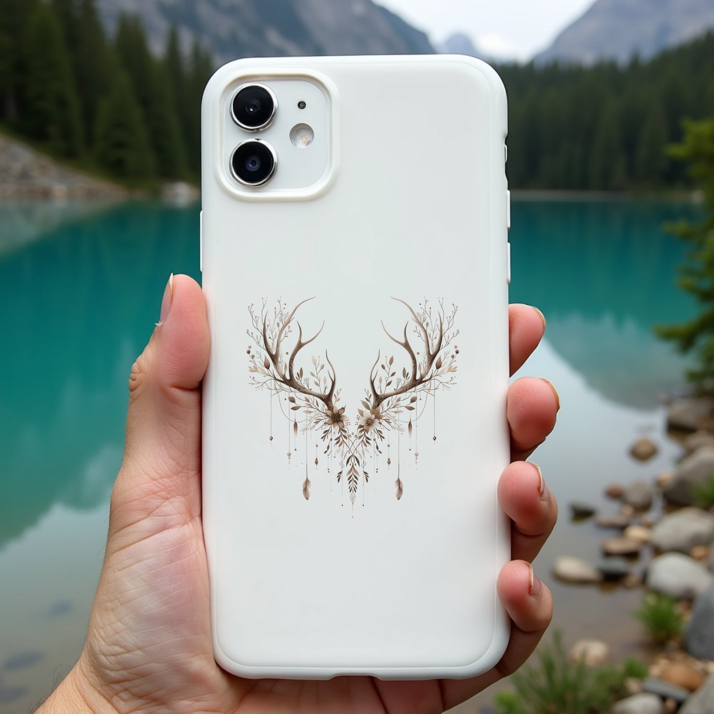Phone case with deer antlers design held in front of a scenic lake and mountains