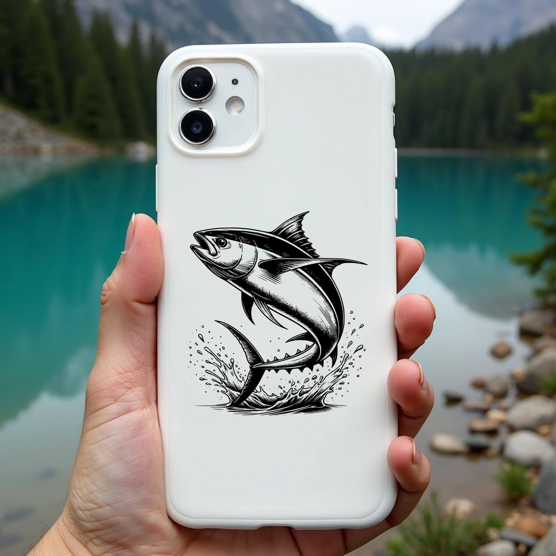 Phone case with a tuna fish leaping design held in front of a scenic lake and mountains