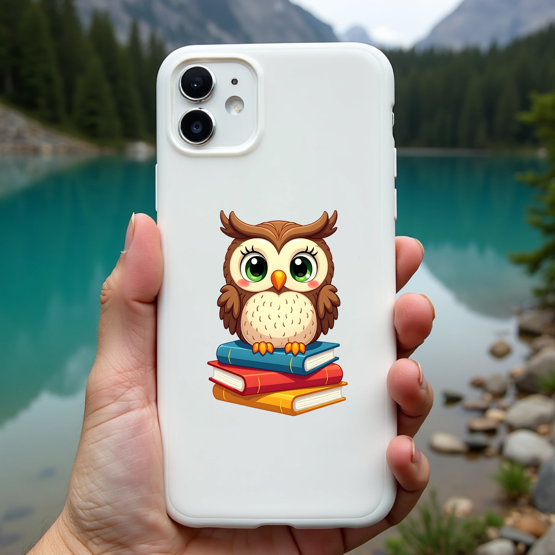 Phone case with an owl design held in front of a scenic lake and mountains.