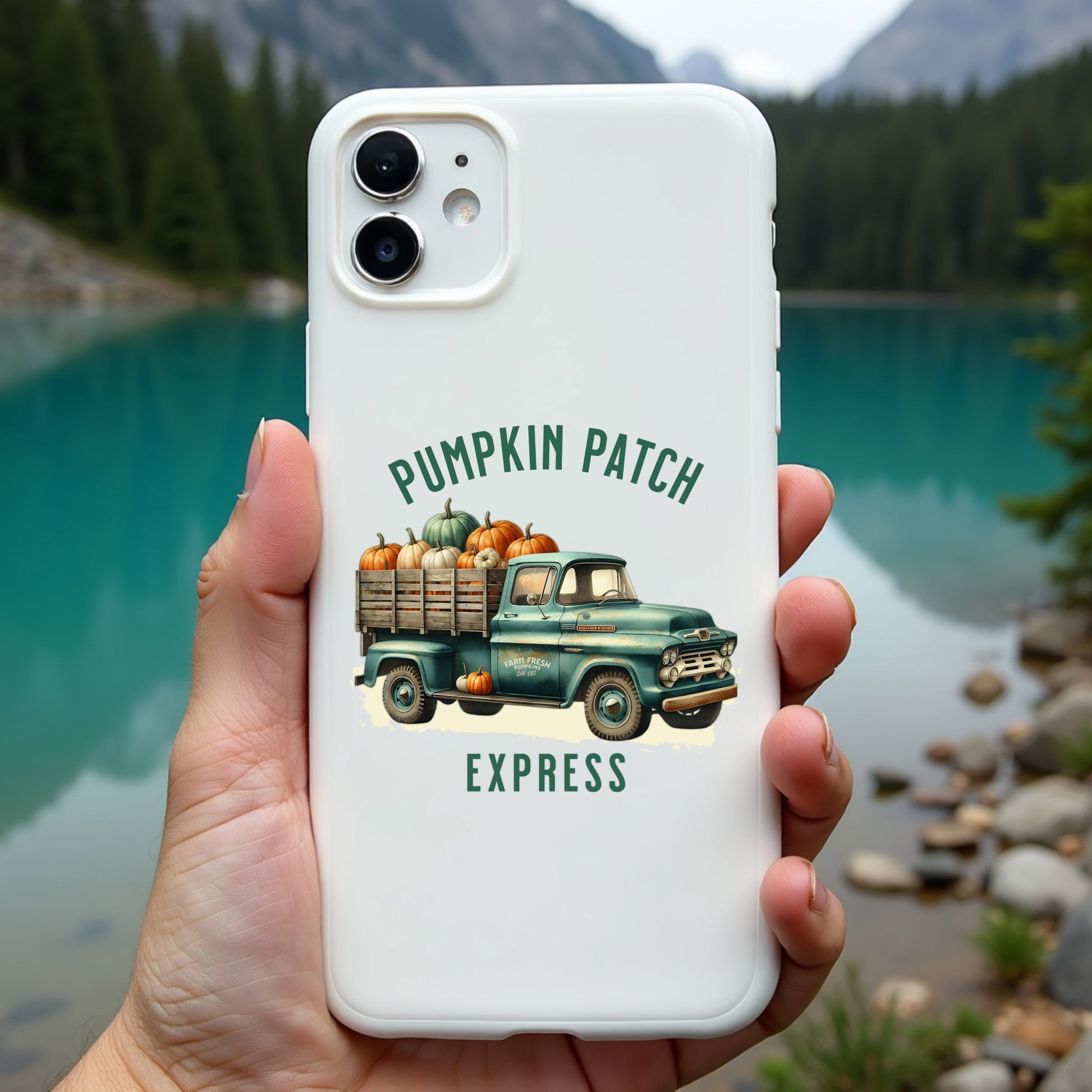 A pumpkin patch cell phone cover with a blurred lake in the background